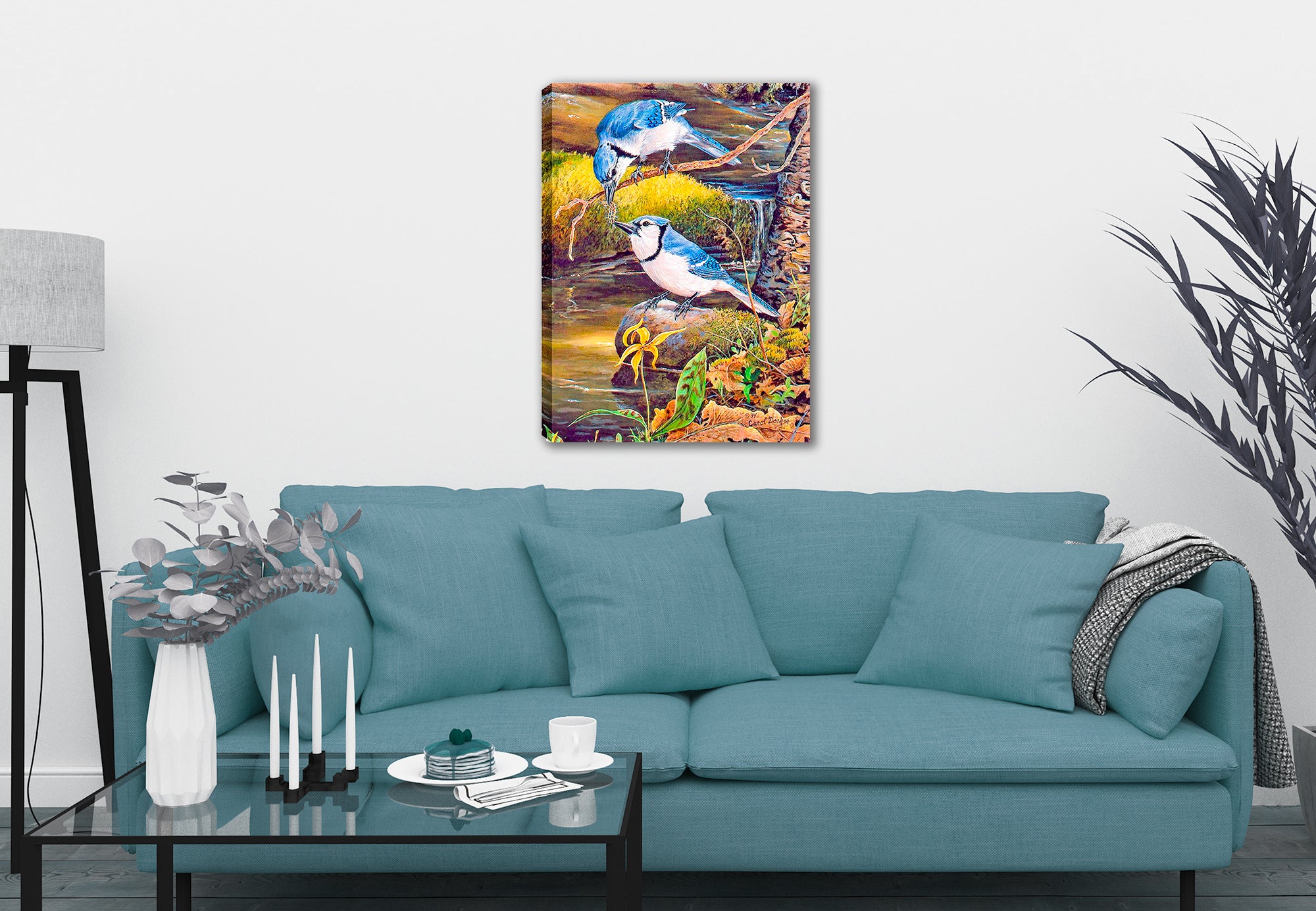 Painted Blue Jays in a Tender Moment - Printed on Canvas.  Hanging on Living Room Wall.