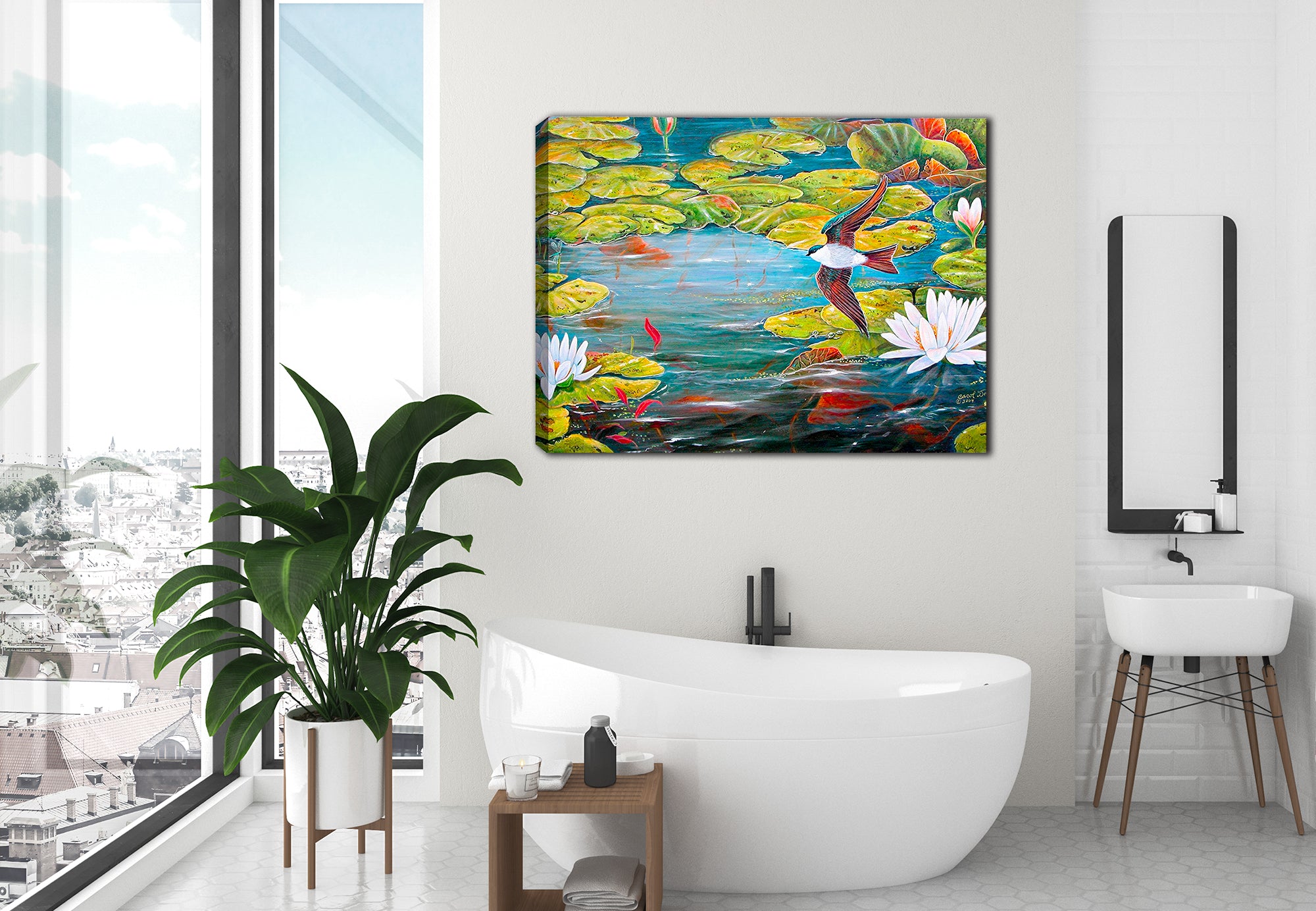 Painting of a Tree Swallow in Flight over a pond Lilies. Printed on Canvas. Hanging on Bathroom Wall.