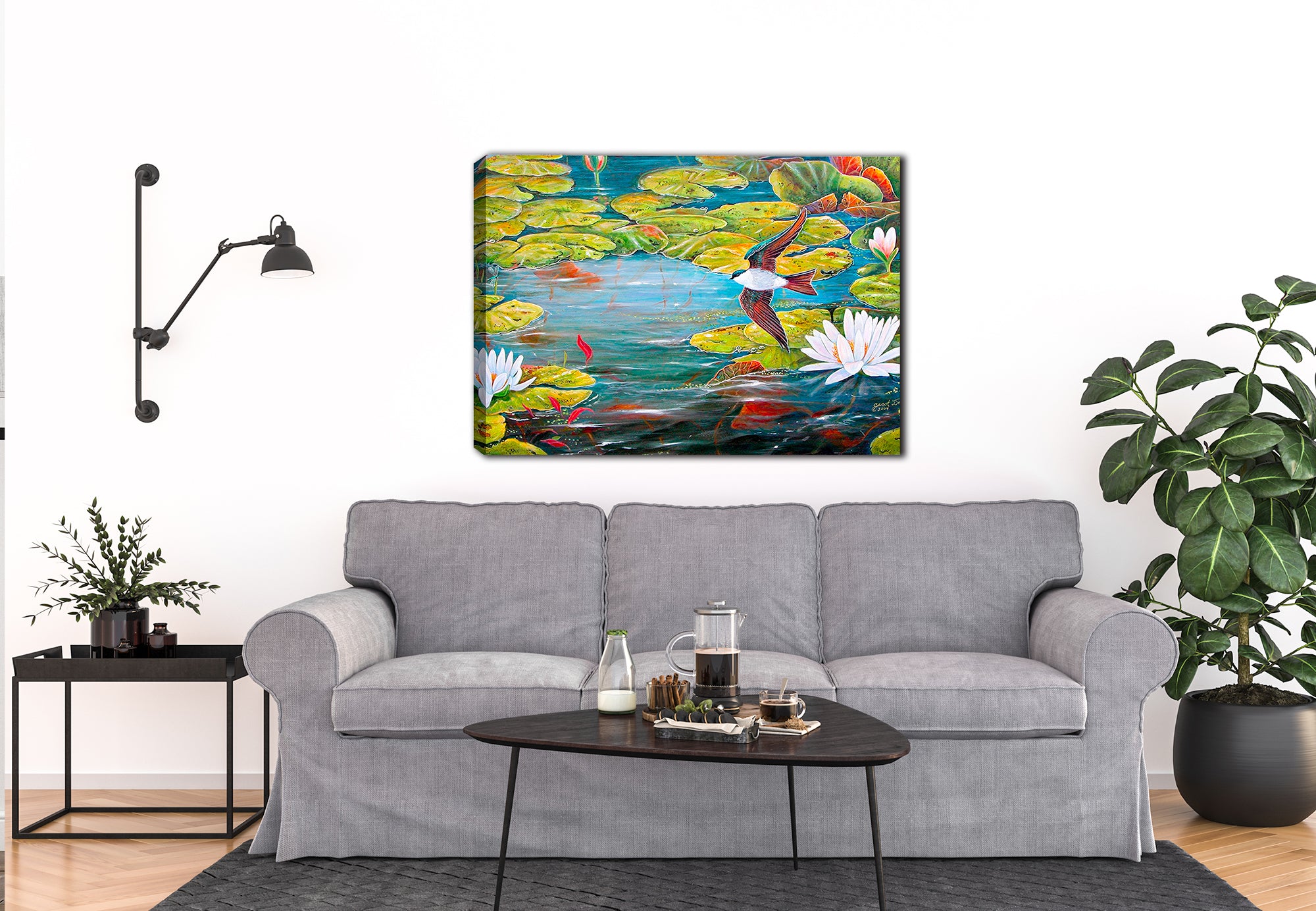 Painting of a Tree Swallow in Flight over a pond Lilies. Printed on Canvas. Hanging on Living Room Wall.