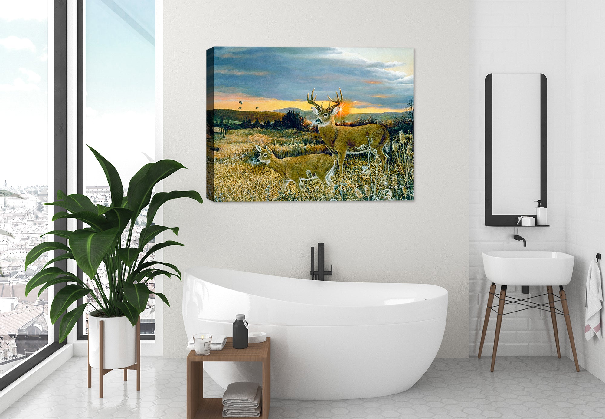 Painting of a Buck & Fowl hanging on Bathroom Wall