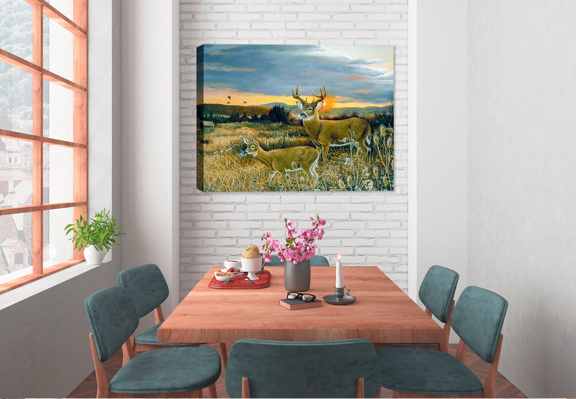 Canvas Wrap Painting of a Buck and Foal hanging on a Dining room Wall