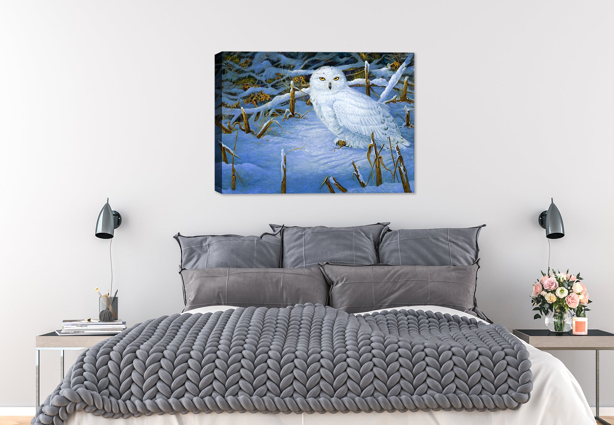 Painting of an Owl Standing in the Snow - Printed on Canvas  - Hanging on Bedroom Wall