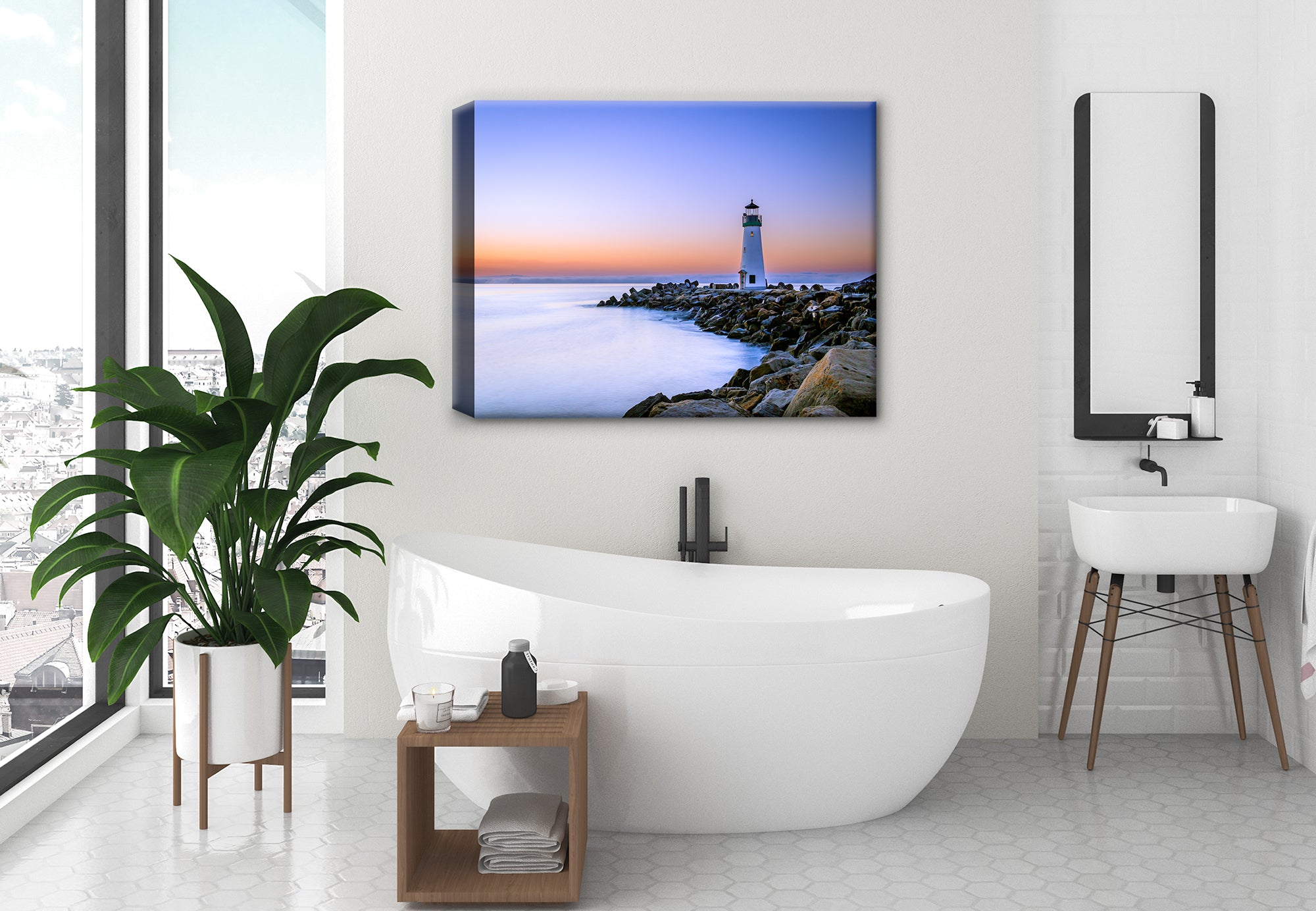 California Lighthouse on Canvas Hung on Brick Wall on Bathroom Wall