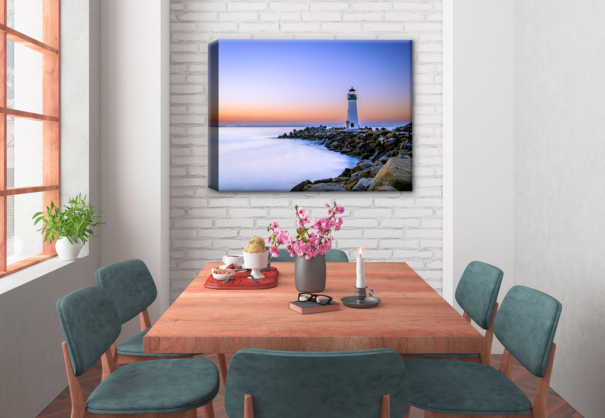 California Lighthouse on Canvas Hung on Brick Wall on Dining Room Wall