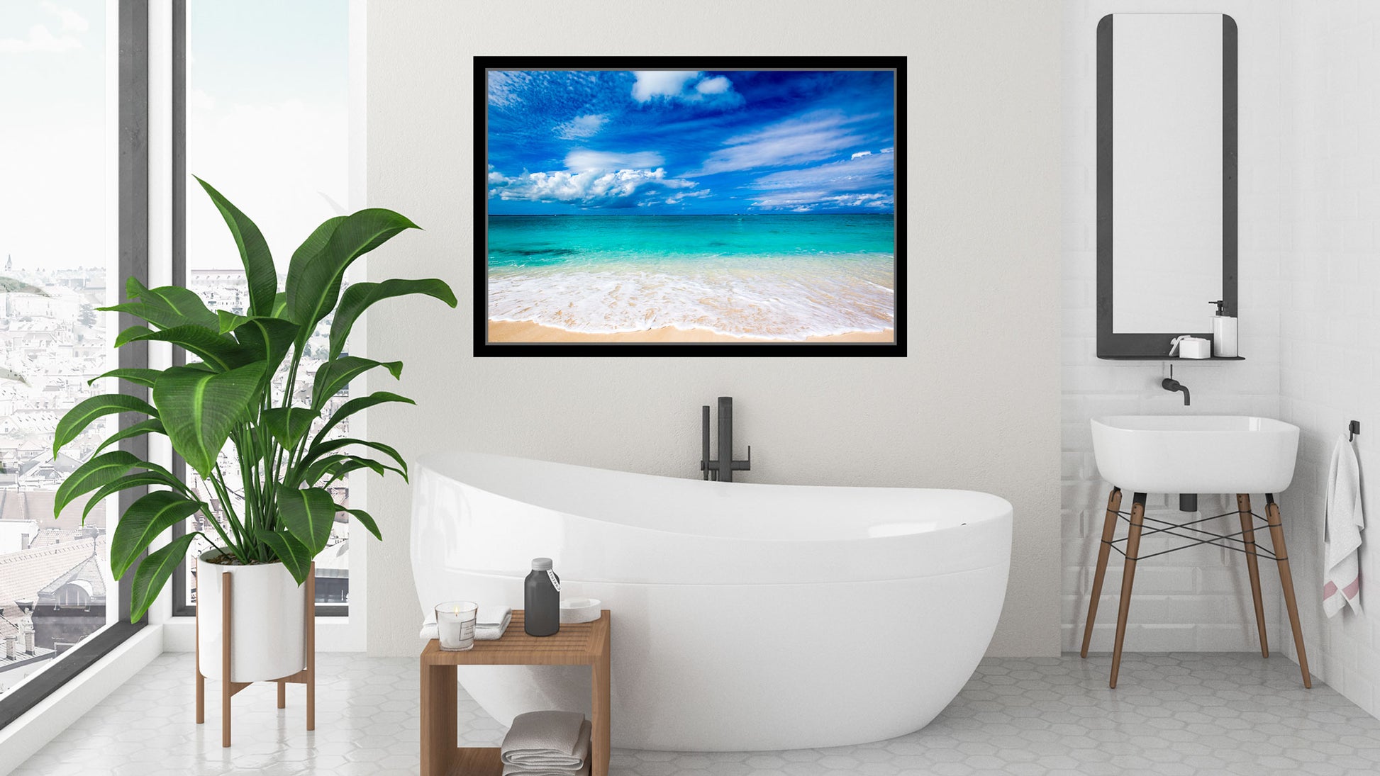 White Sand Beach - Canvas Print Framed on Bathroom Wall