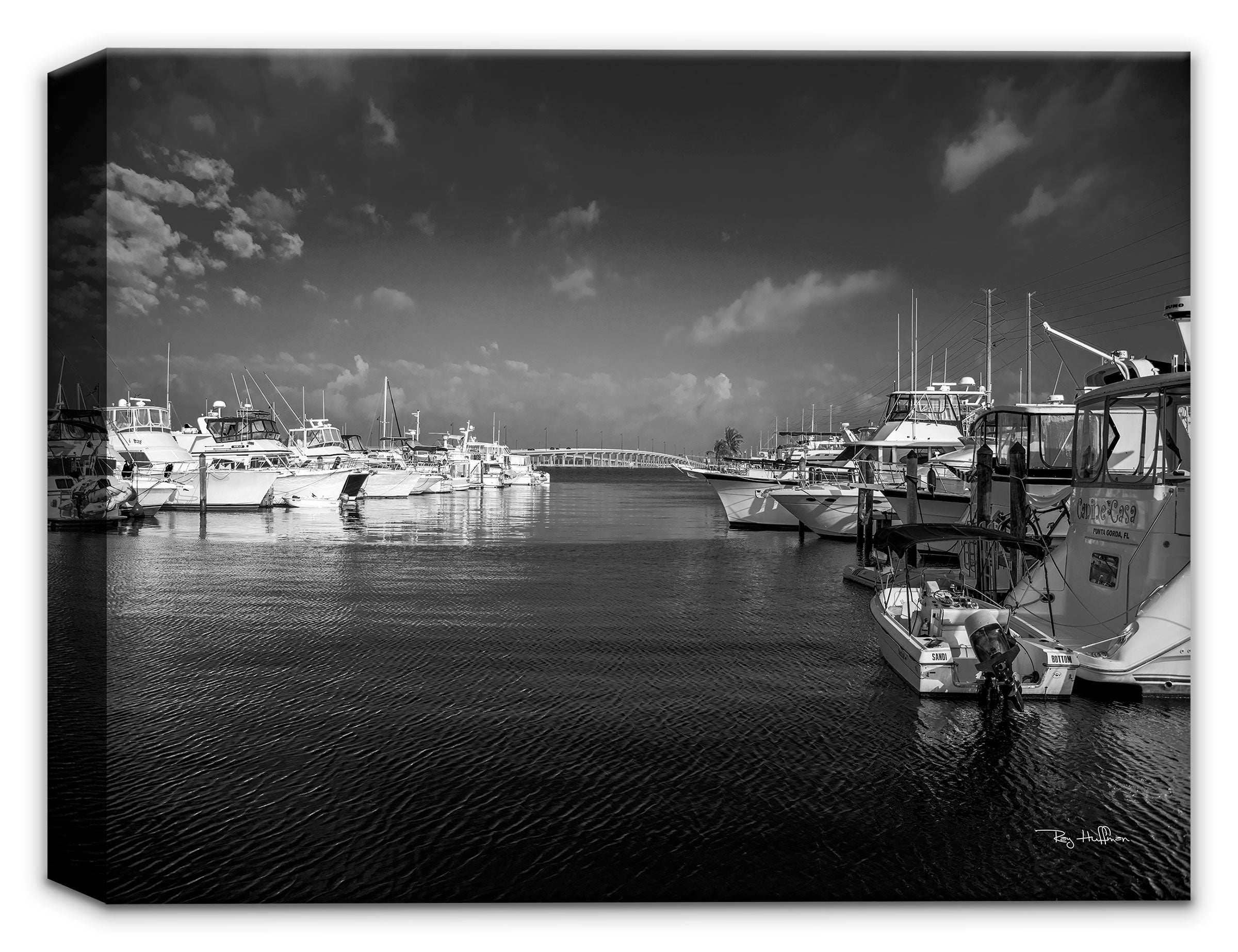 Image of Laishley Park Marina at Dusk in Punta Gorda, Florida - 
Fine Art Black & White Photograph.