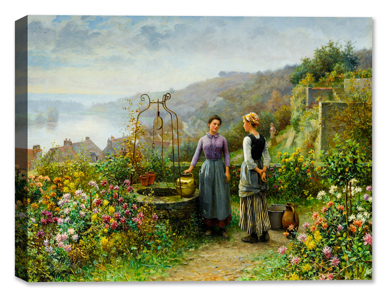 Canvas art of 'Gathering at the Well' by Daniel Knight, depicting two young women chatting in a lush, flower-filled landscape with a flowing river in the background.