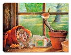 Painting of a garden shed with seedlings and a  Carolina Wren - painting on canvas wrap
