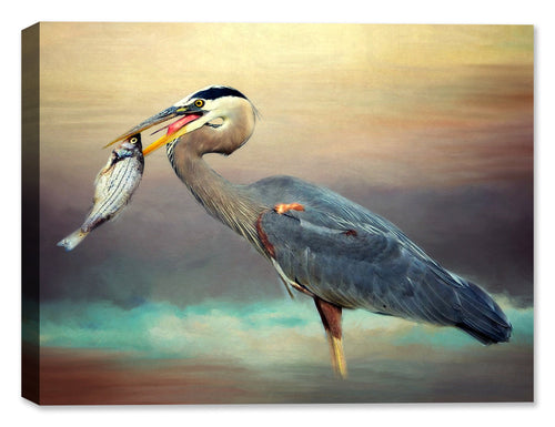 Painting of a Blue Heron with a large fish in its mouth.  Printed on a canvas wrap.
