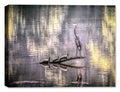 an image of a blue heron appearing to be lecturing 3 turtles.  print on a canvas wrap.