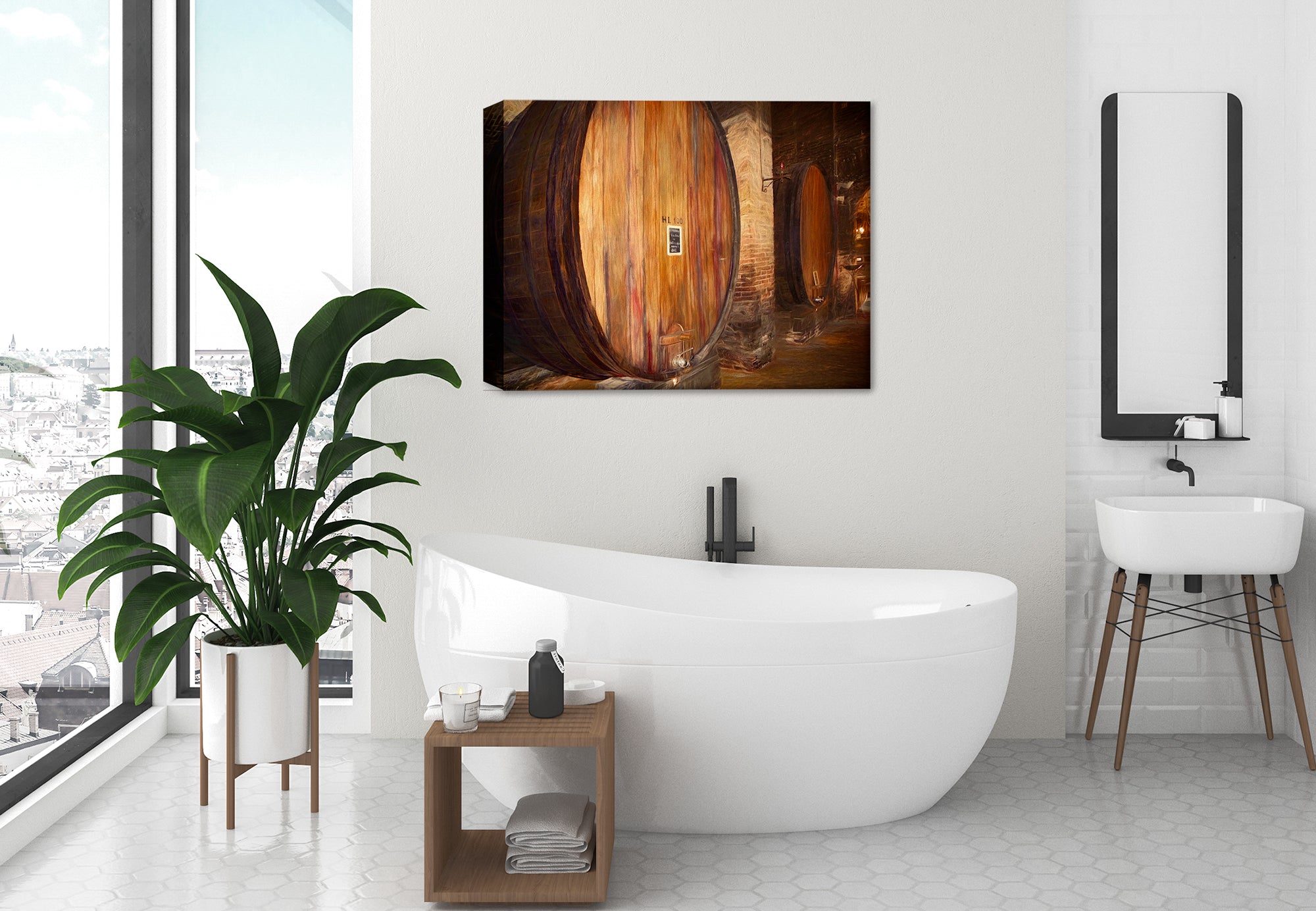 Wine Cellar on Canvas hanging on Bathroom wall.