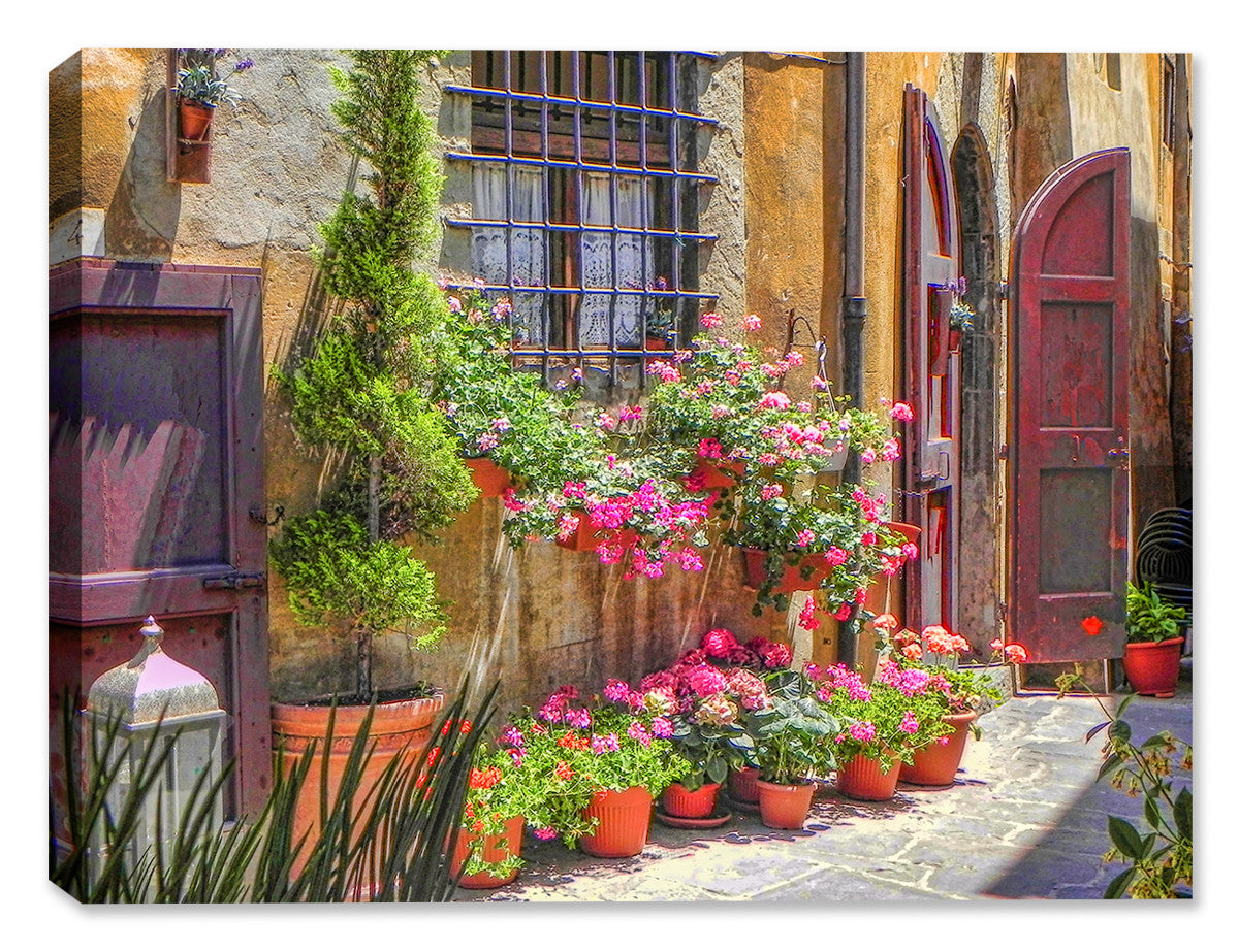 Photograph of home in Cortona Italy with flower pots.  Printed on canvas and wrapped on a wood frame.