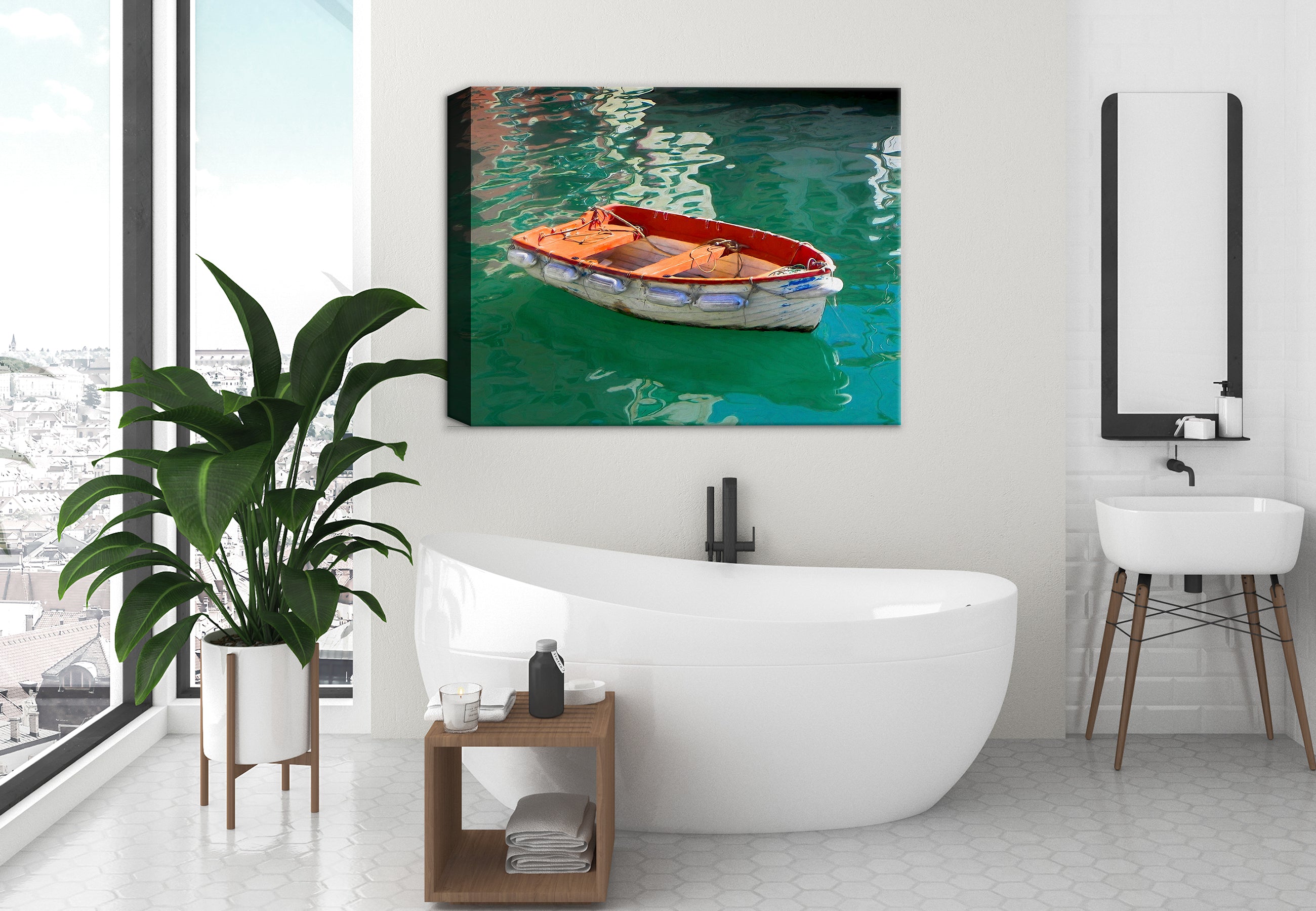 Image of a Row Boat in the Water in Portofino, Italy - printed on Canvas.  Hung on a Bath Room Wall.