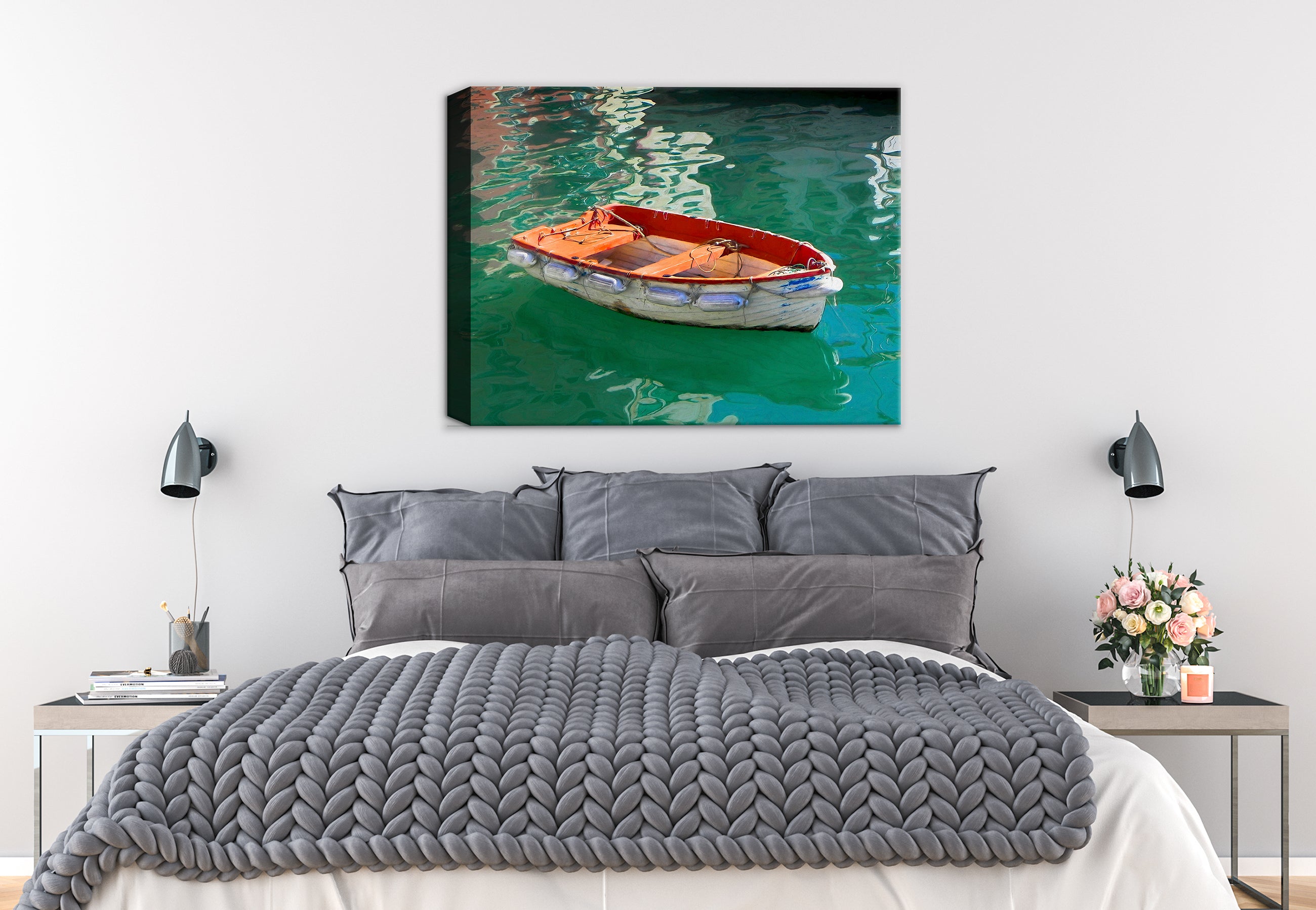 Image of a Row Boat in the Water in Portofino, Italy - printed on Canvas.  Hung on a Bedroom Wall.