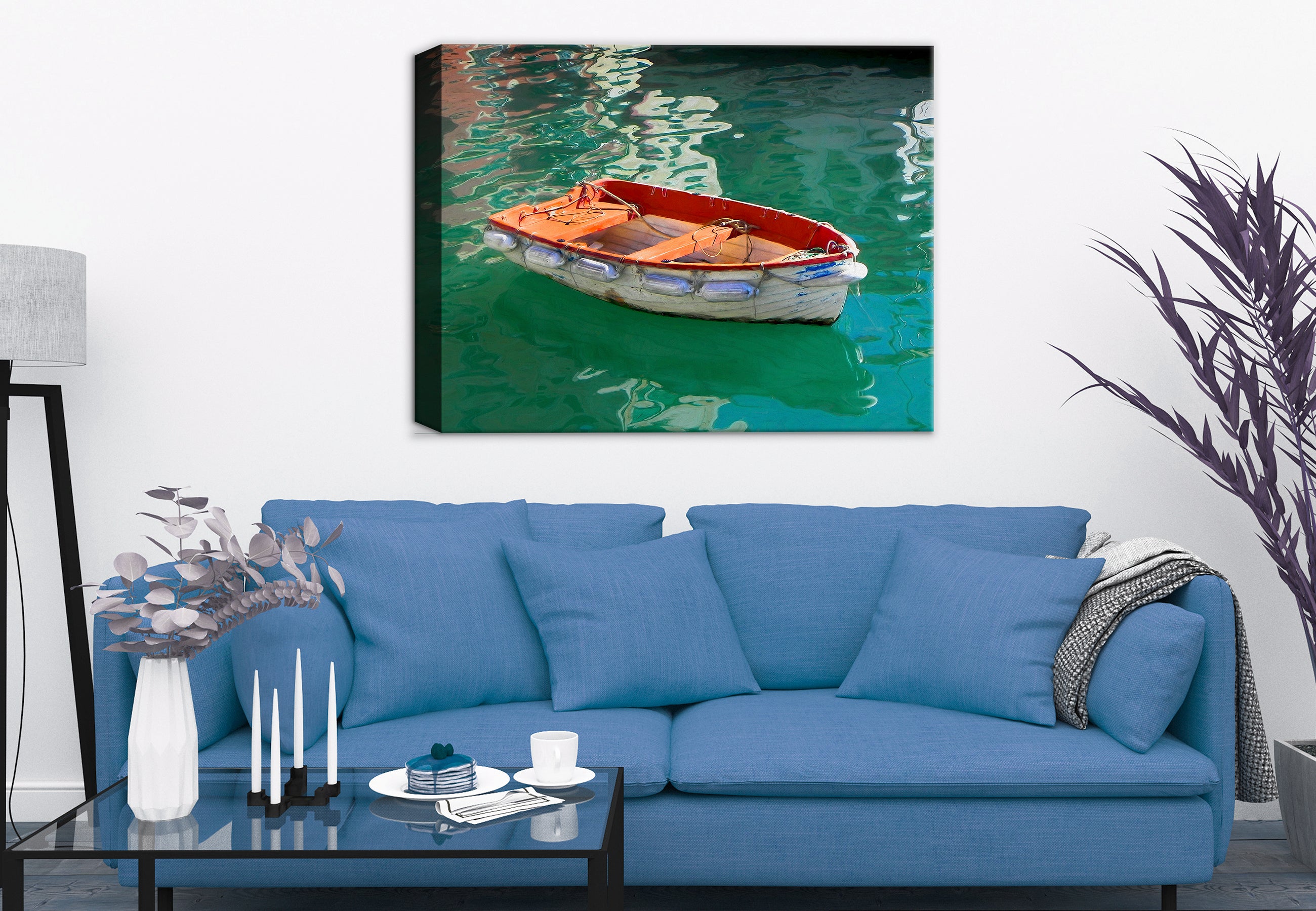 Image of a Row Boat in the Water in Portofino, Italy - printed on Canvas.  Hung on a Living Room Wall.
