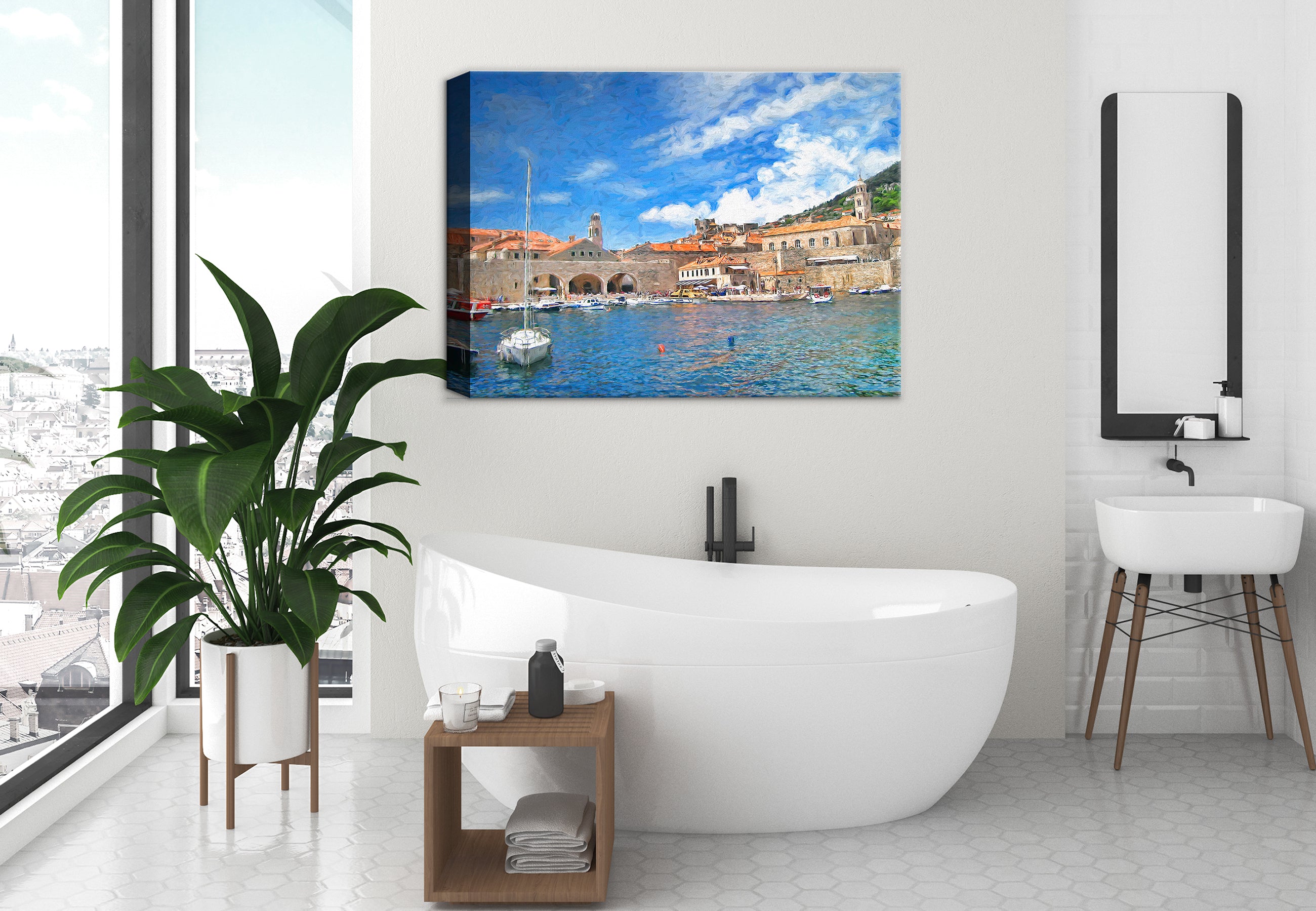 Painting of Port Dubrovnik printed on Canvas. - Hanging on Bathroom Wall.