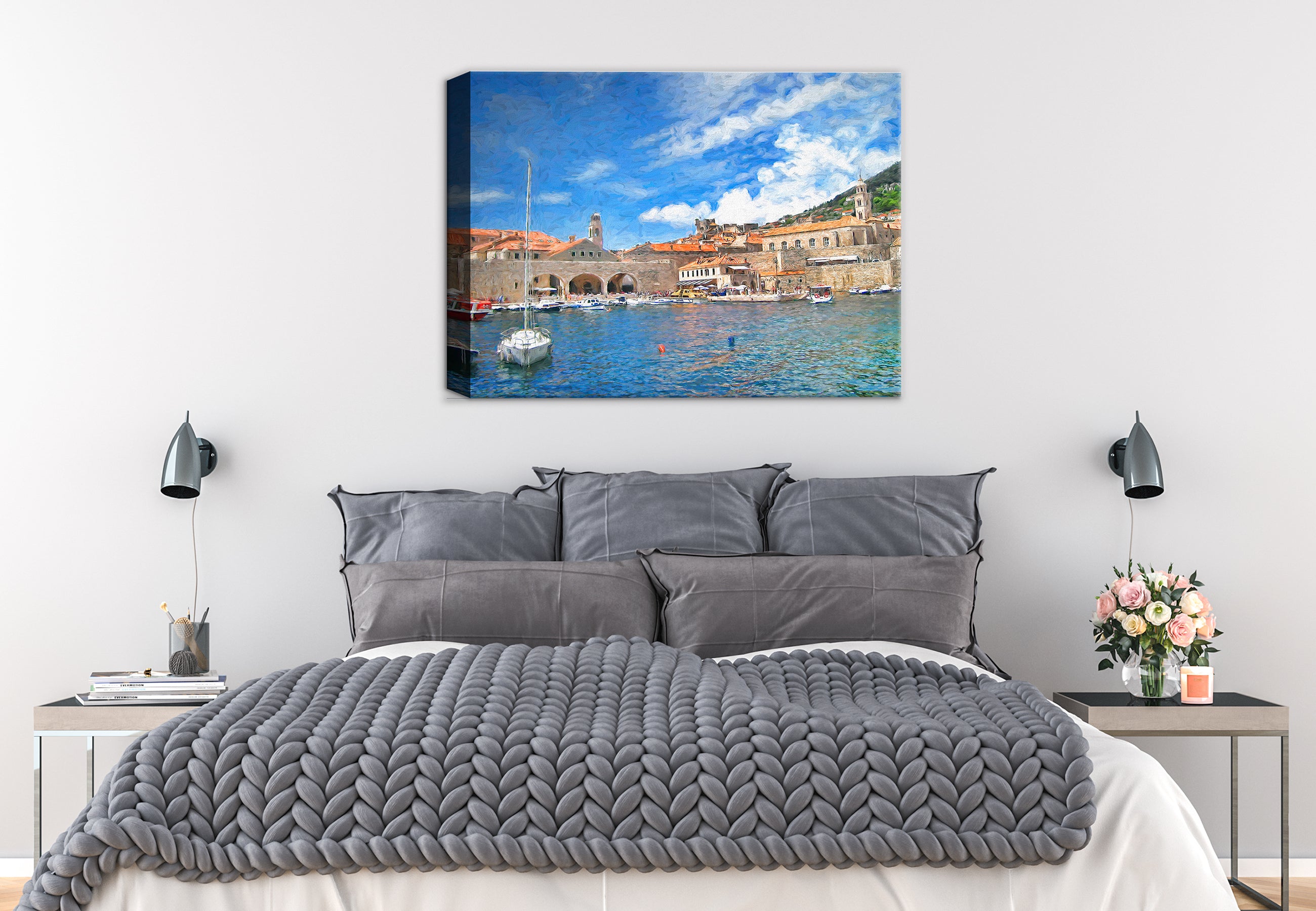Painting of Port Dubrovnik printed on Canvas. - Hanging on Bedroom Wall.
