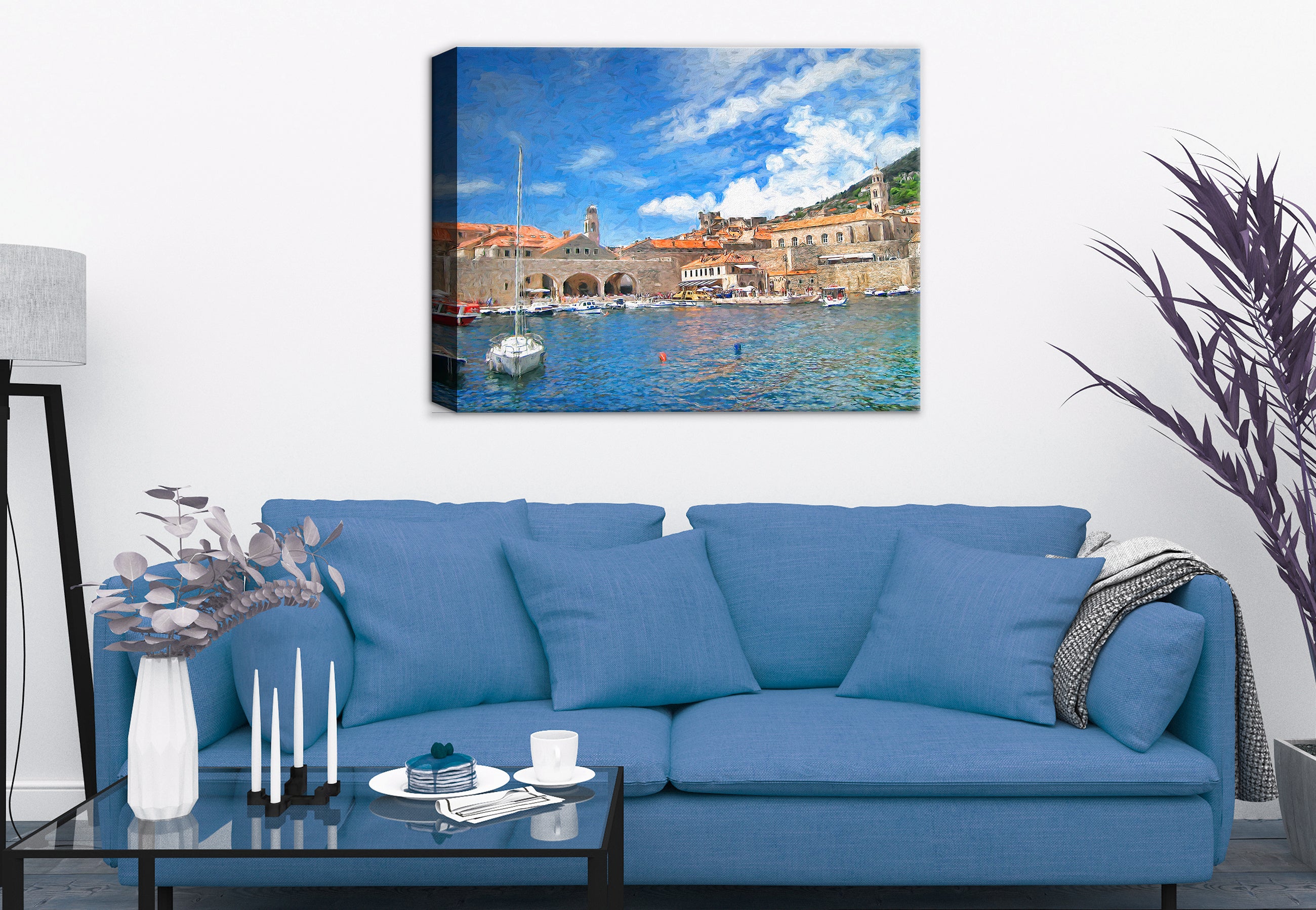 Painting of Port Dubrovnik printed on Canvas. - Hanging on Living Room Wall.