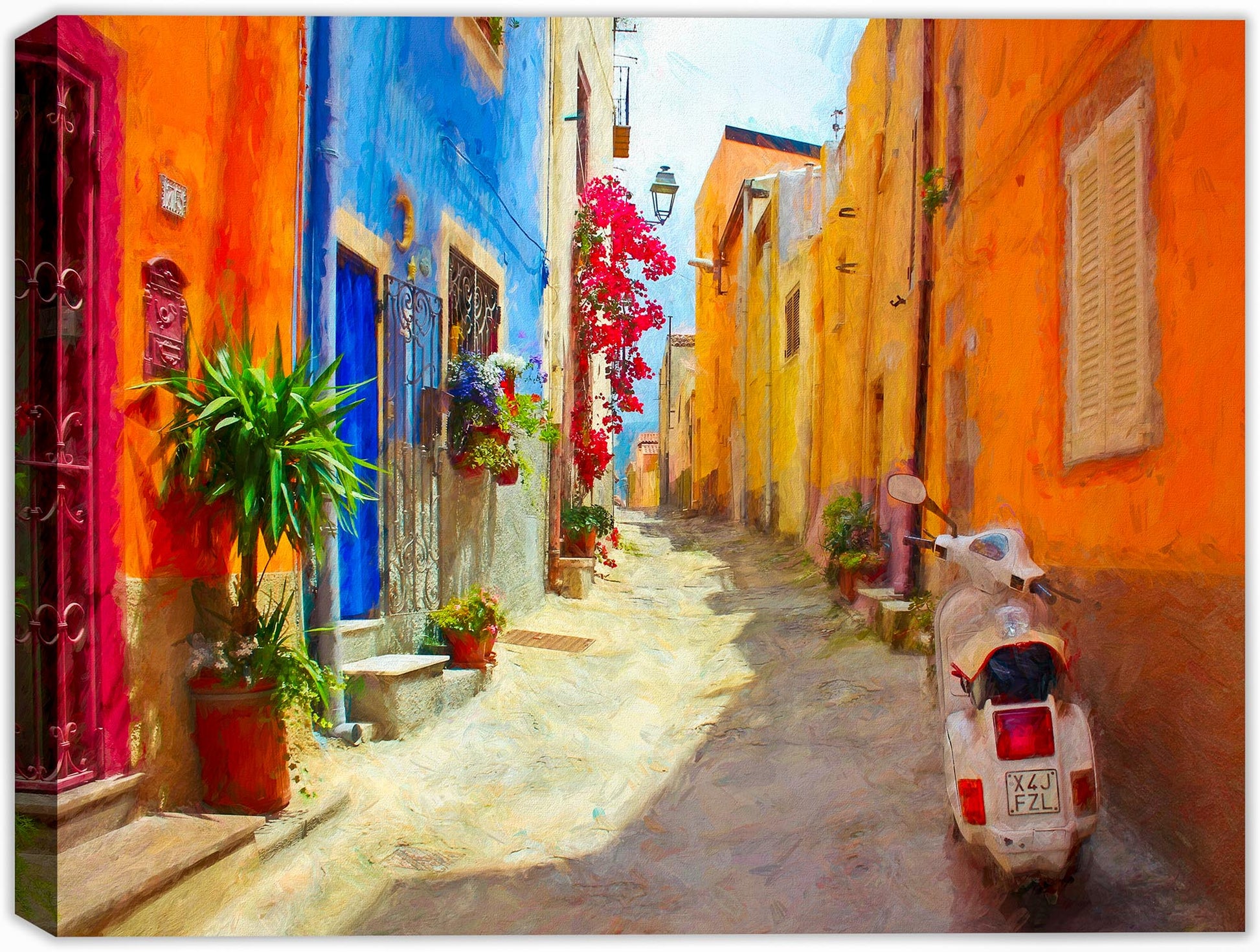 Painting of a narrow street during morning sunrise.