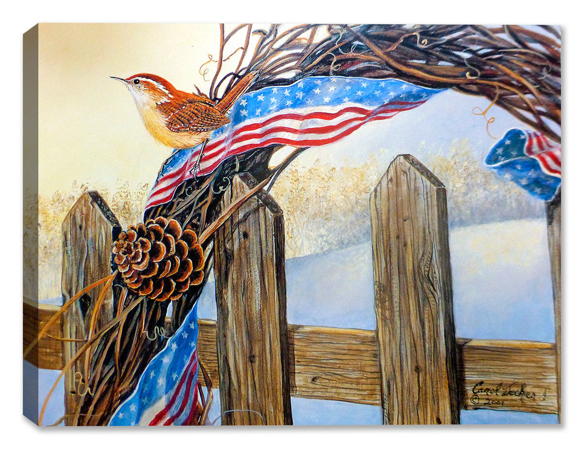 Carol Decker Painting of a Bird, American Flag on a Fence Post -  printed on Waterproof Canvas 