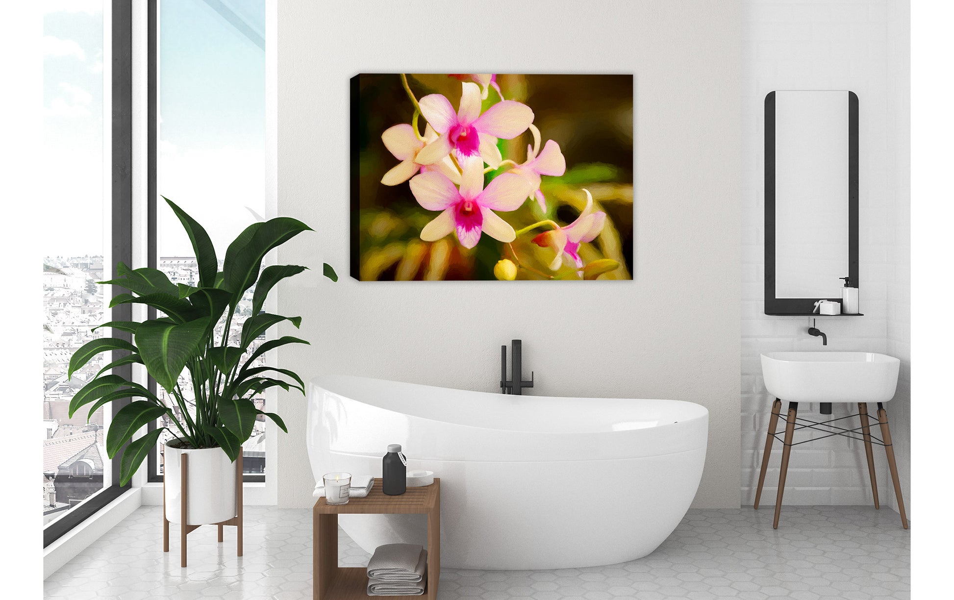 Fine Art Photography of an Orchid  printed on waterproof canvas. Hung on Bath Room Wall.