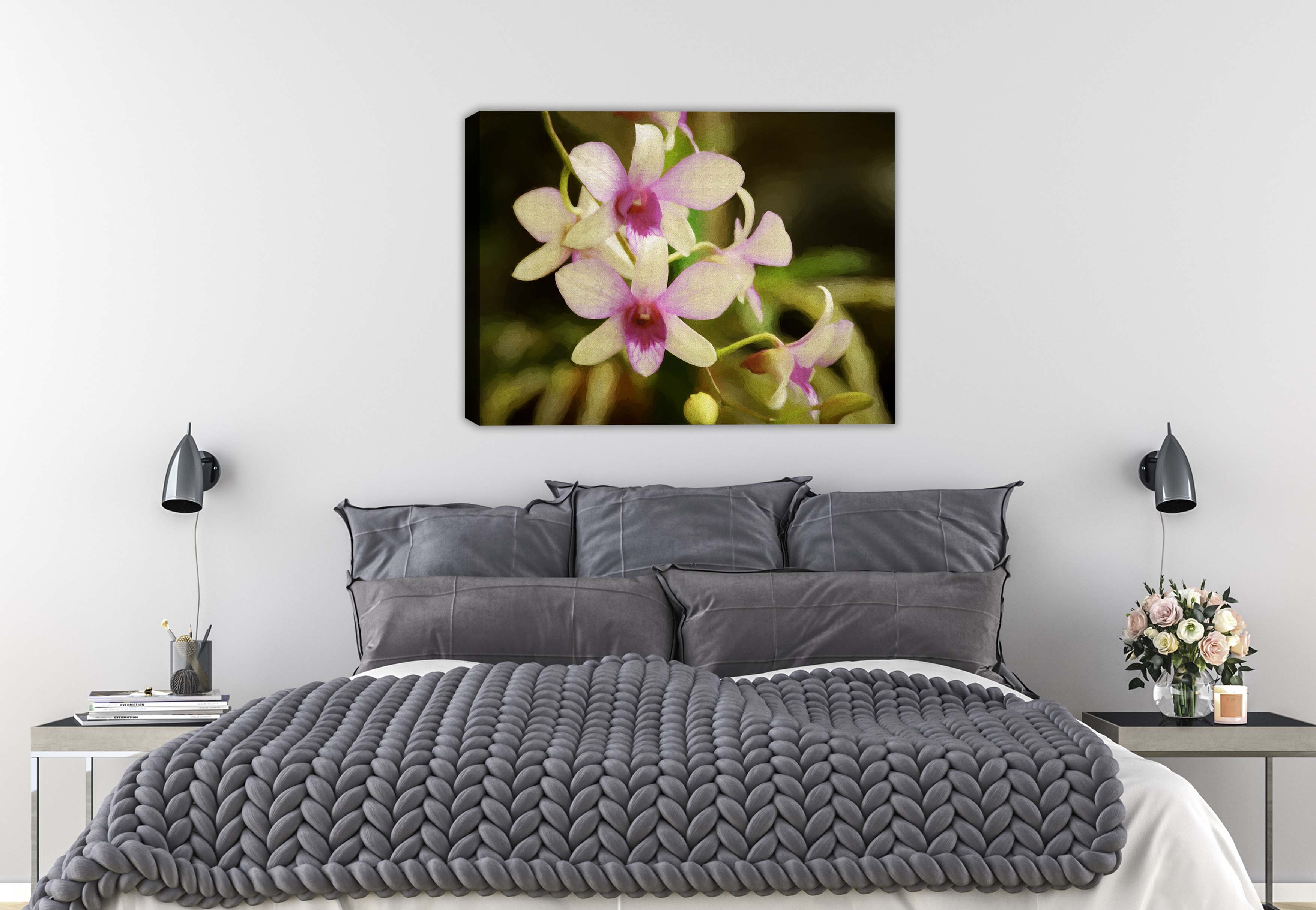 Fine Art Photography of an Orchid  printed on waterproof canvas. Hung on Bed Room Wall.