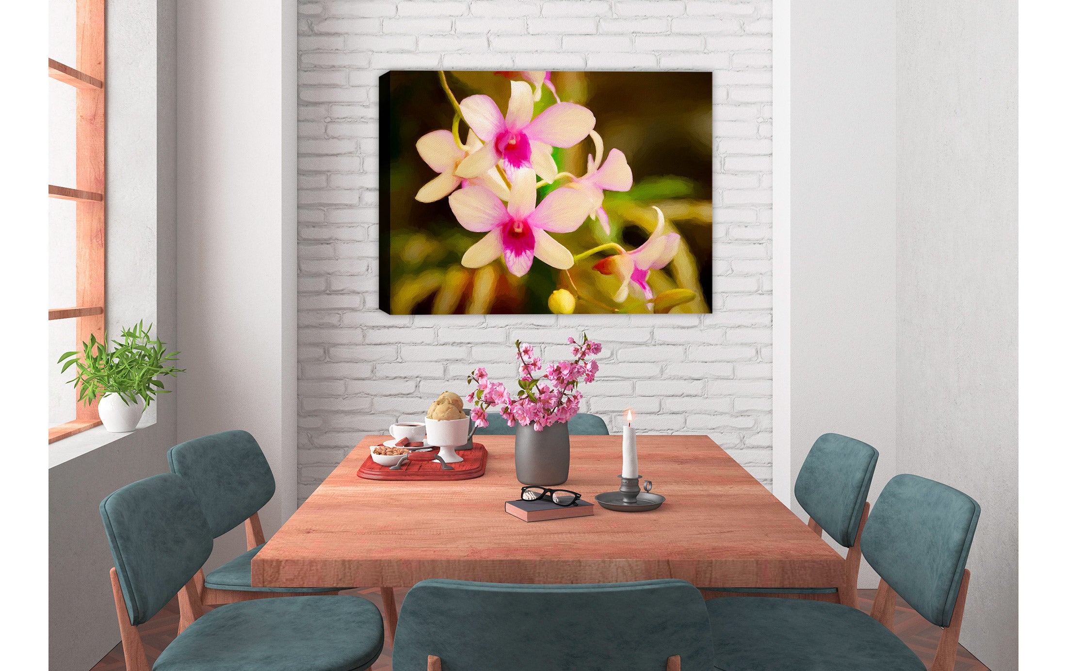 Fine Art Photography of an Orchid  printed on waterproof canvas. Hung on Dining Room Wall.