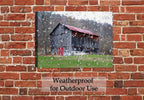 Red Door Barn Painting printed on Waterproof Canvas Wrap - Hanging on Brick Patio Wall in the Rain
