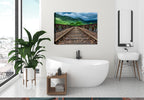 Rails over the River Fine Art Photography on Canvas. Hanging on Bathroom Wall.
