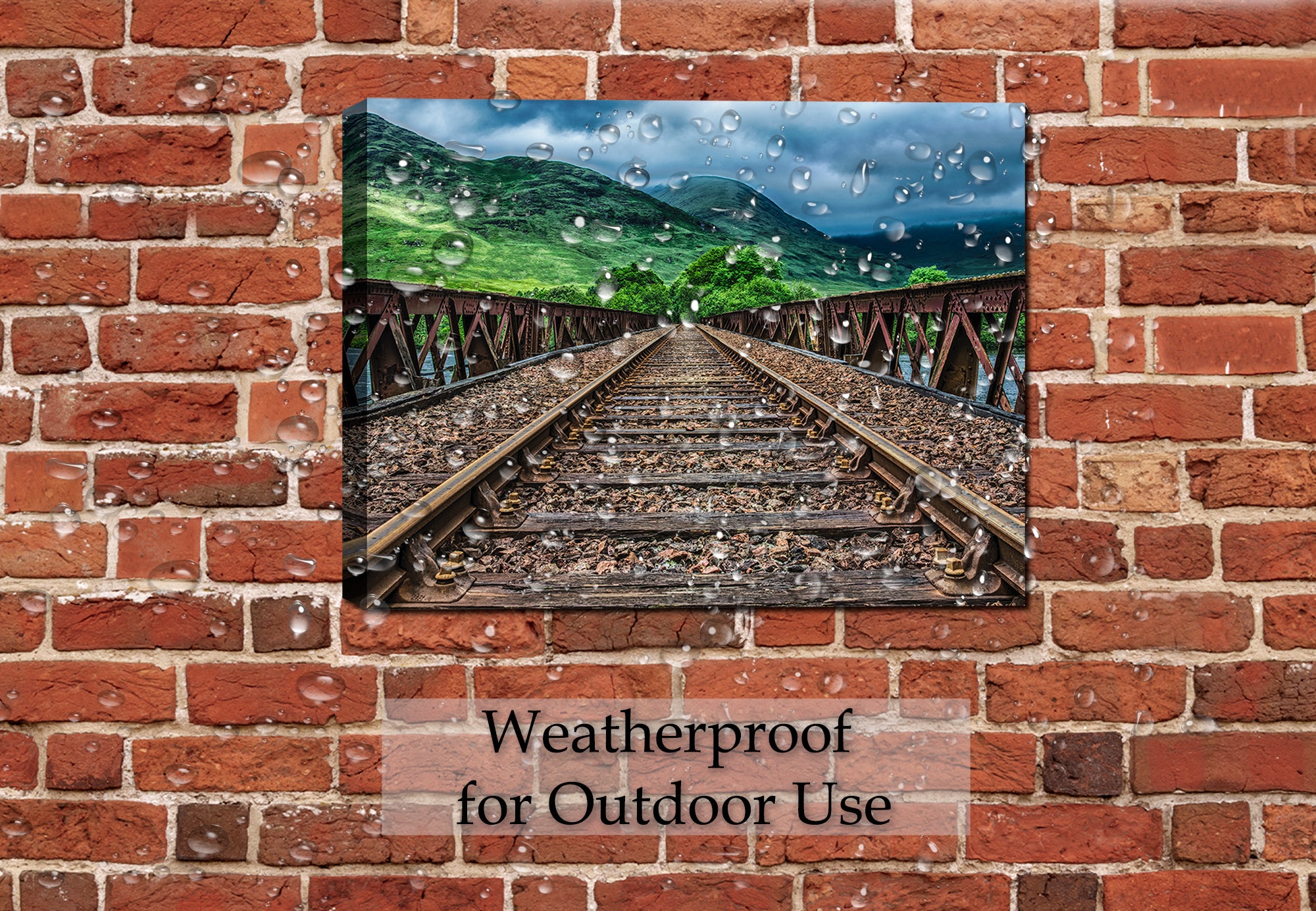 Rails over the River Fine Art Photography on Canvas. Hanging on Brick Patio Wall during a rainstorm.  Waterproof.