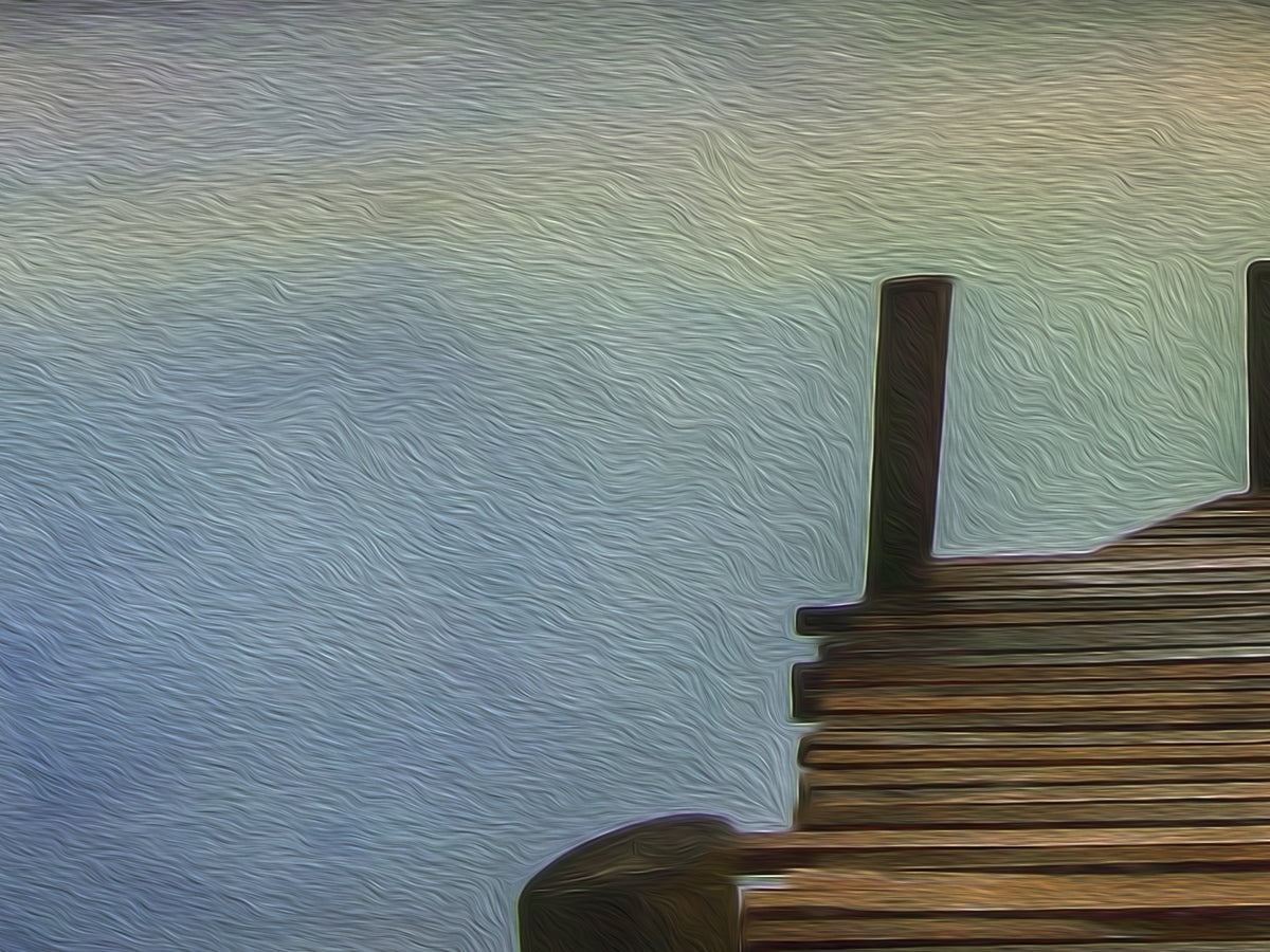 Close up image f a boardwalk with a boat and sky on a canvas wrap