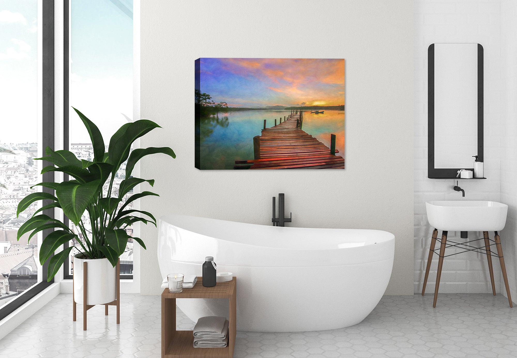 Image of a boardwalk with a boat and sky on a canvas wrap hanging on a wall in a bathroom 