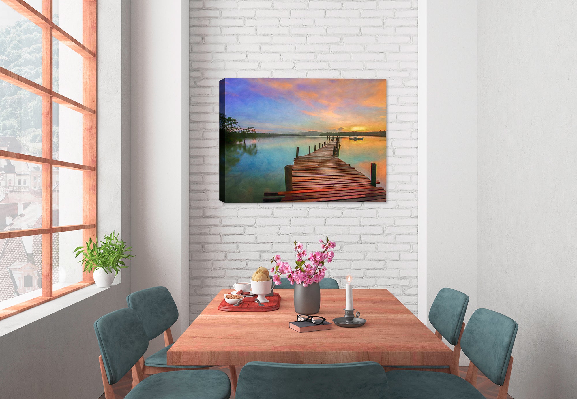 Image of a boardwalk with a boat and sky on a canvas wrap hanging on a wall in a dining room 