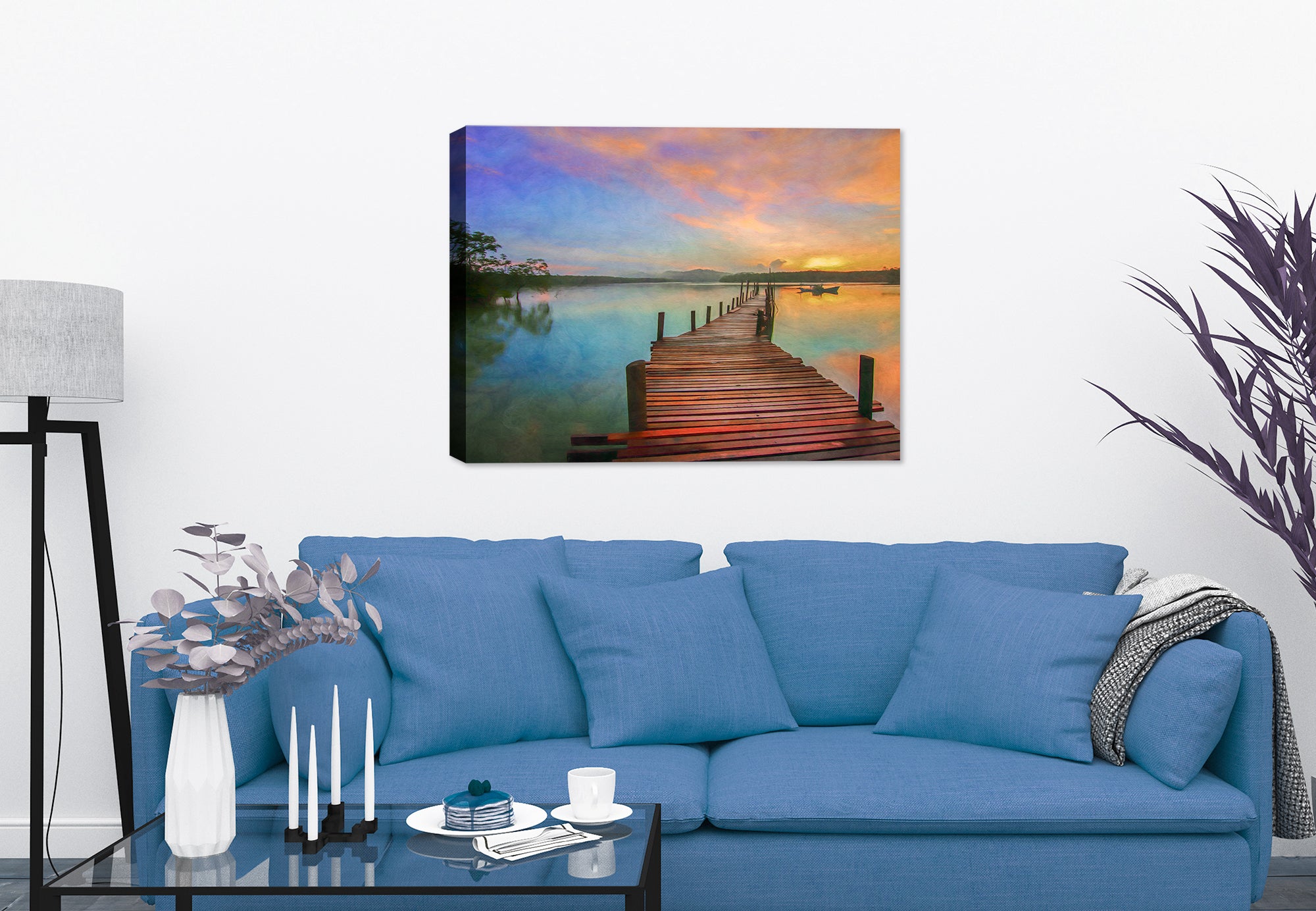 Image of a boardwalk with a boat and sky on a canvas wrap hanging on a wall n the living room 
