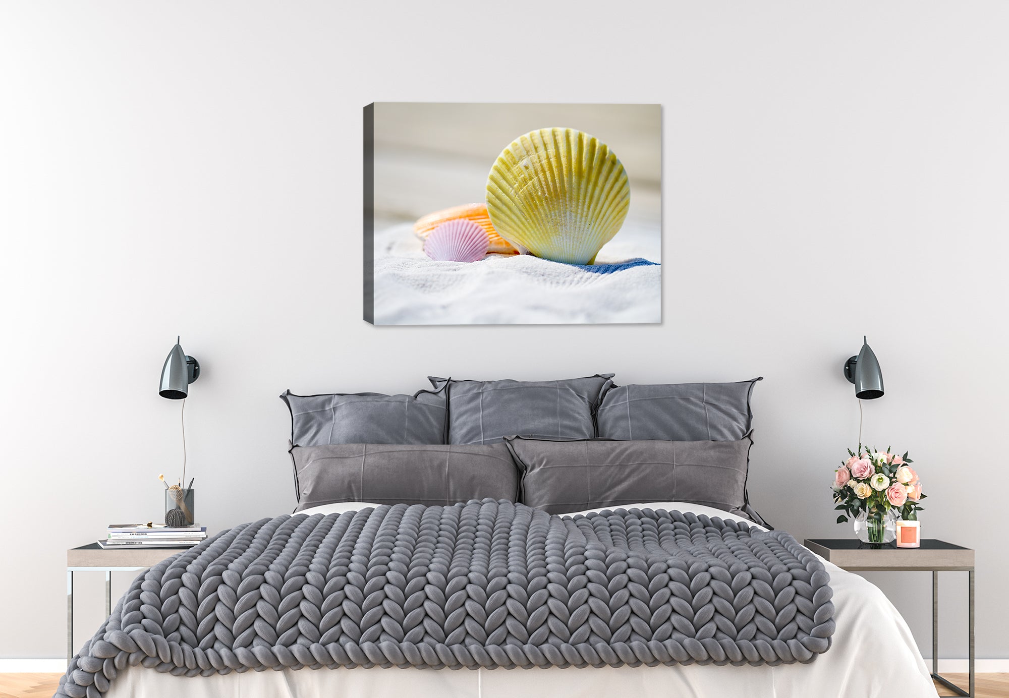 Image of Seashells sitting on sugar white sane.  Printed on waterproof canvas.  Hung on Bedroom Wall.