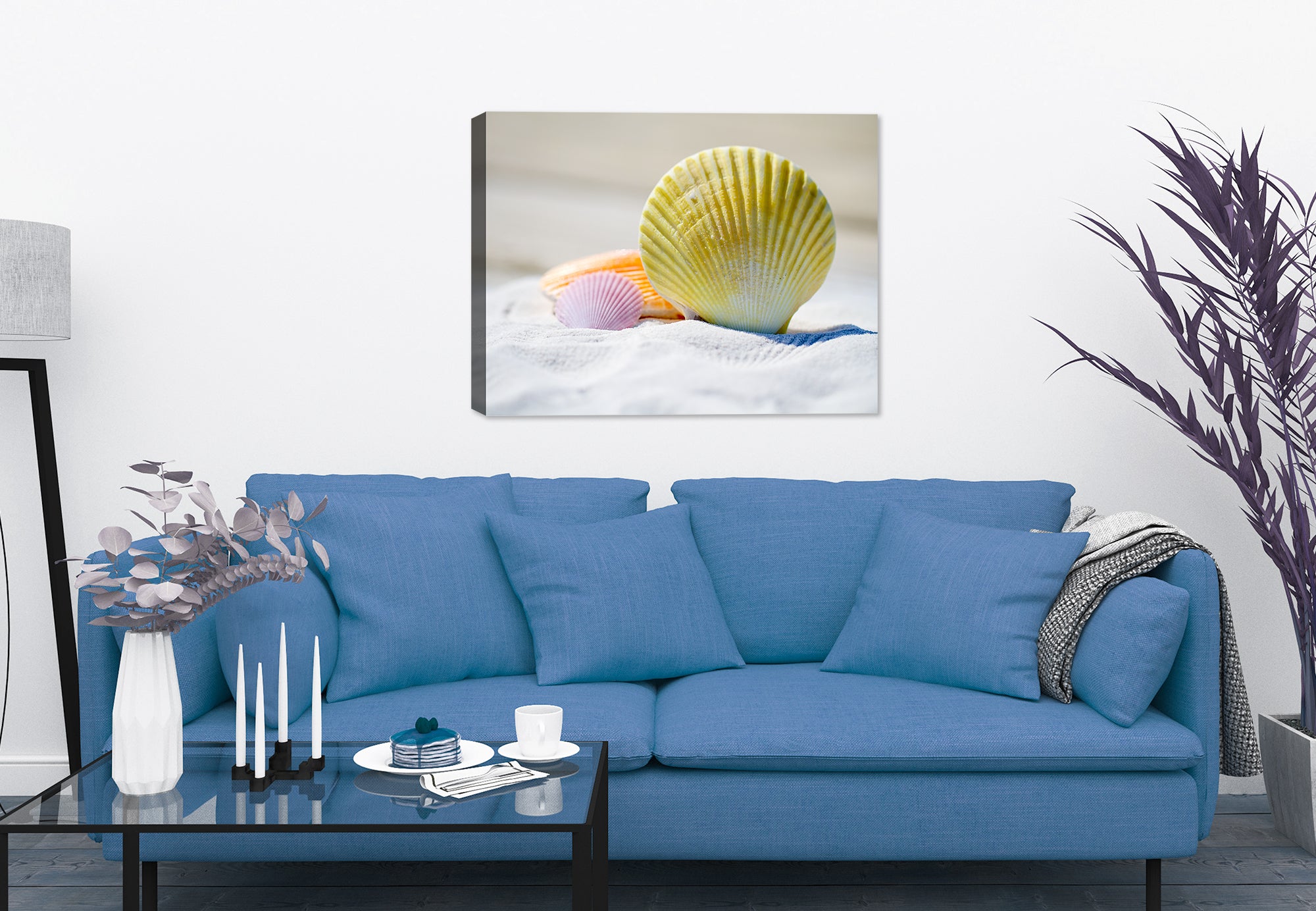 Image of Seashells sitting on sugar white sane.  Printed on waterproof canvas.  Hung on Living Room Wall.