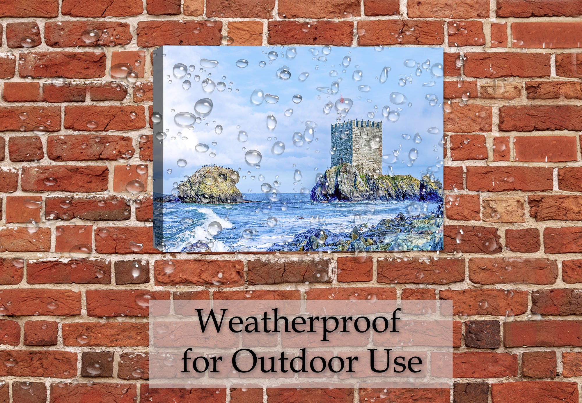 Image of a Castle on the Sea - Printed on Waterproof Canvas - Hanging on Outdoor Brick Patio Walll  