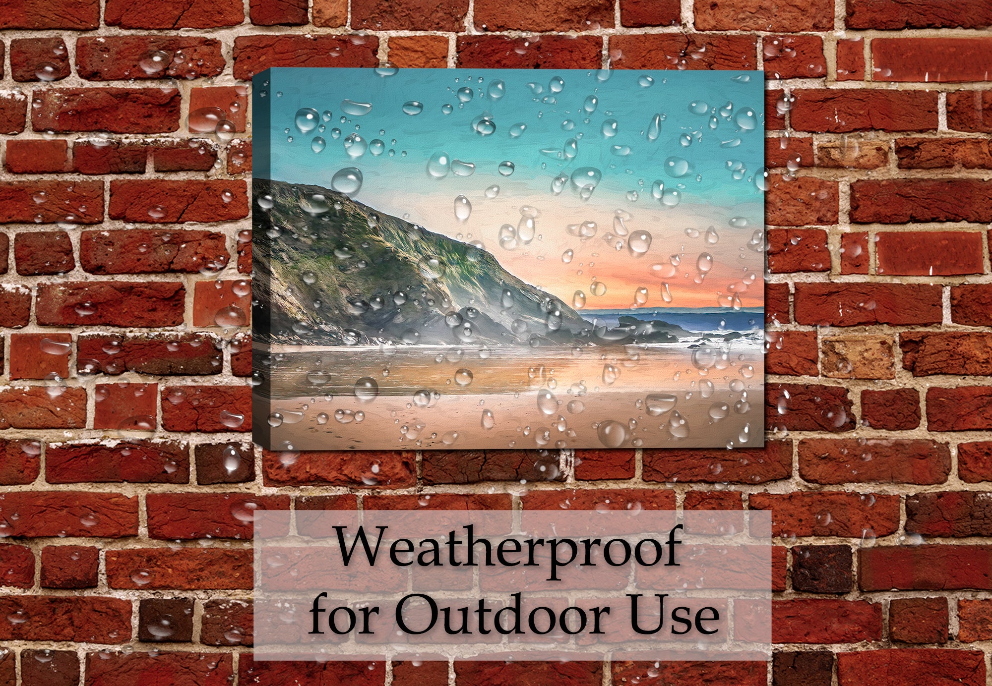 Painting of a Beach, Rocky Coastline and Sunset - Printed on Canvas.  Hanging on the brick patio wall