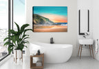 Painting of a Beach, Rocky Coastline and Sunset - Printed on Canvas.  Hanging on the bathroom wall.