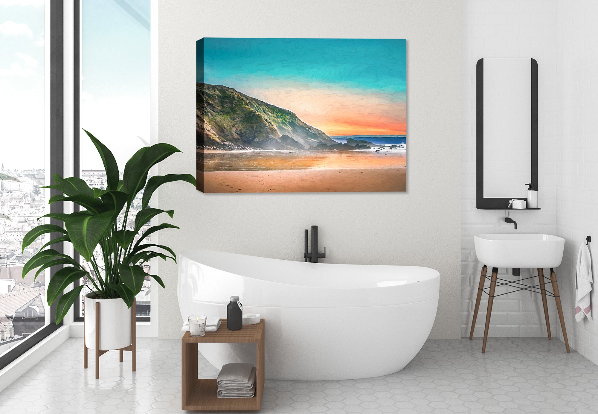 Painting of a Beach, Rocky Coastline and Sunset - Printed on Canvas.  Hanging on the bathroom wall.