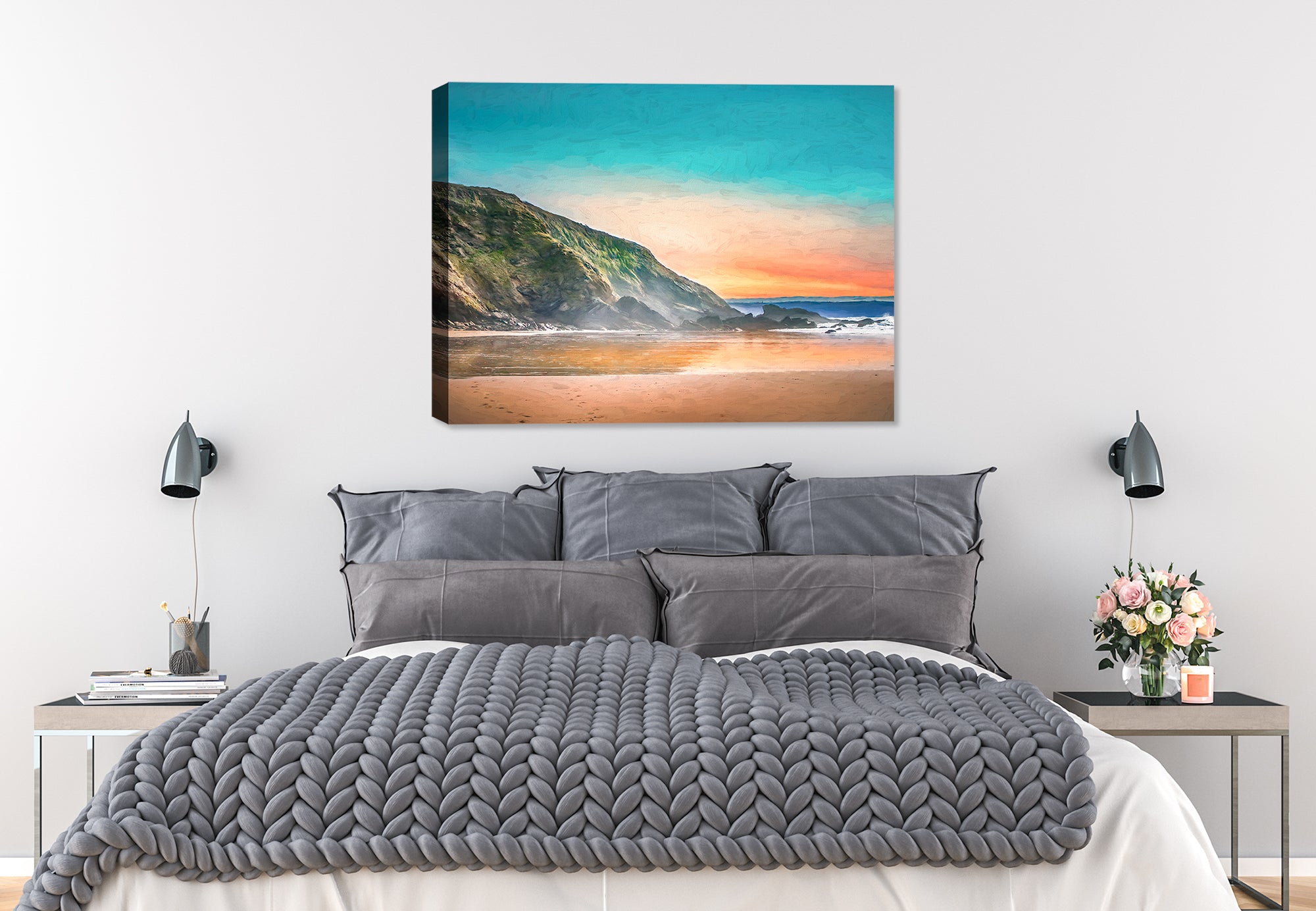 Painting of a Beach, Rocky Coastline and Sunset - Printed on Canvas.  Hanging on the bedroom Wall.