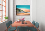 Painting of a Beach, Rocky Coastline and Sunset - Printed on Canvas.  Hanging on the dining room Wall.