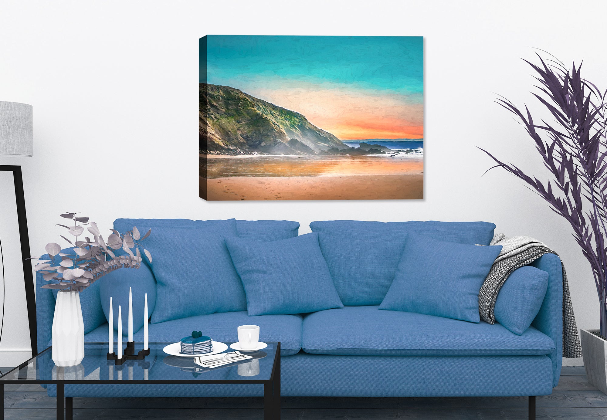 Painting of a Beach, Rocky Coastline and Sunset - Printed on Canvas.  Hanging on the Living Room Wall.