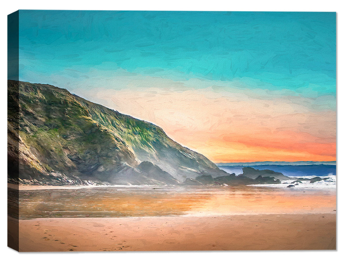 Painting of a Beach, Rocky Coastline and Sunset - Printed on Canvas and wrapped