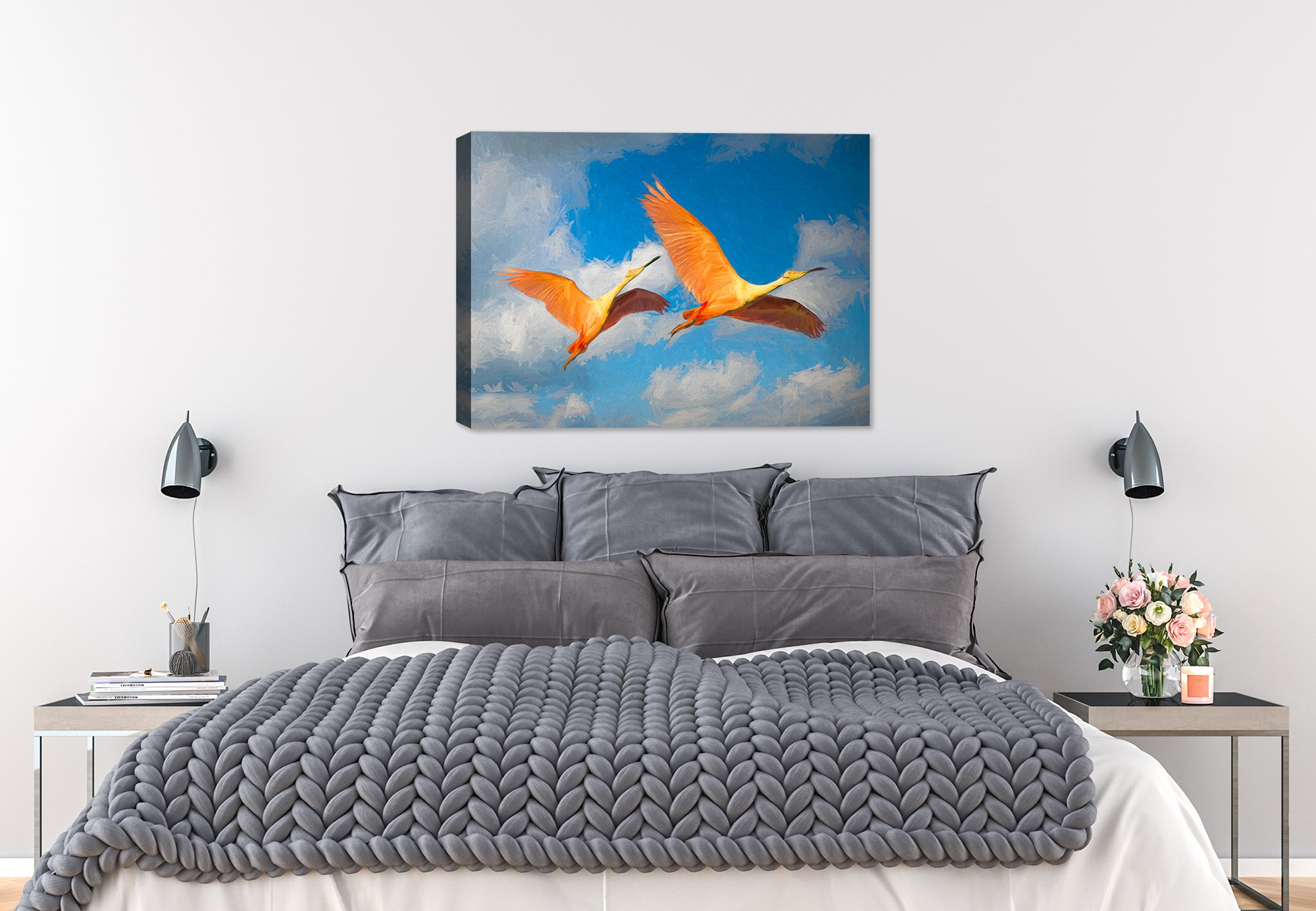 Painting of Spoonbills in Flight - Printed on Canvas - Hanging on Bedroom Wall