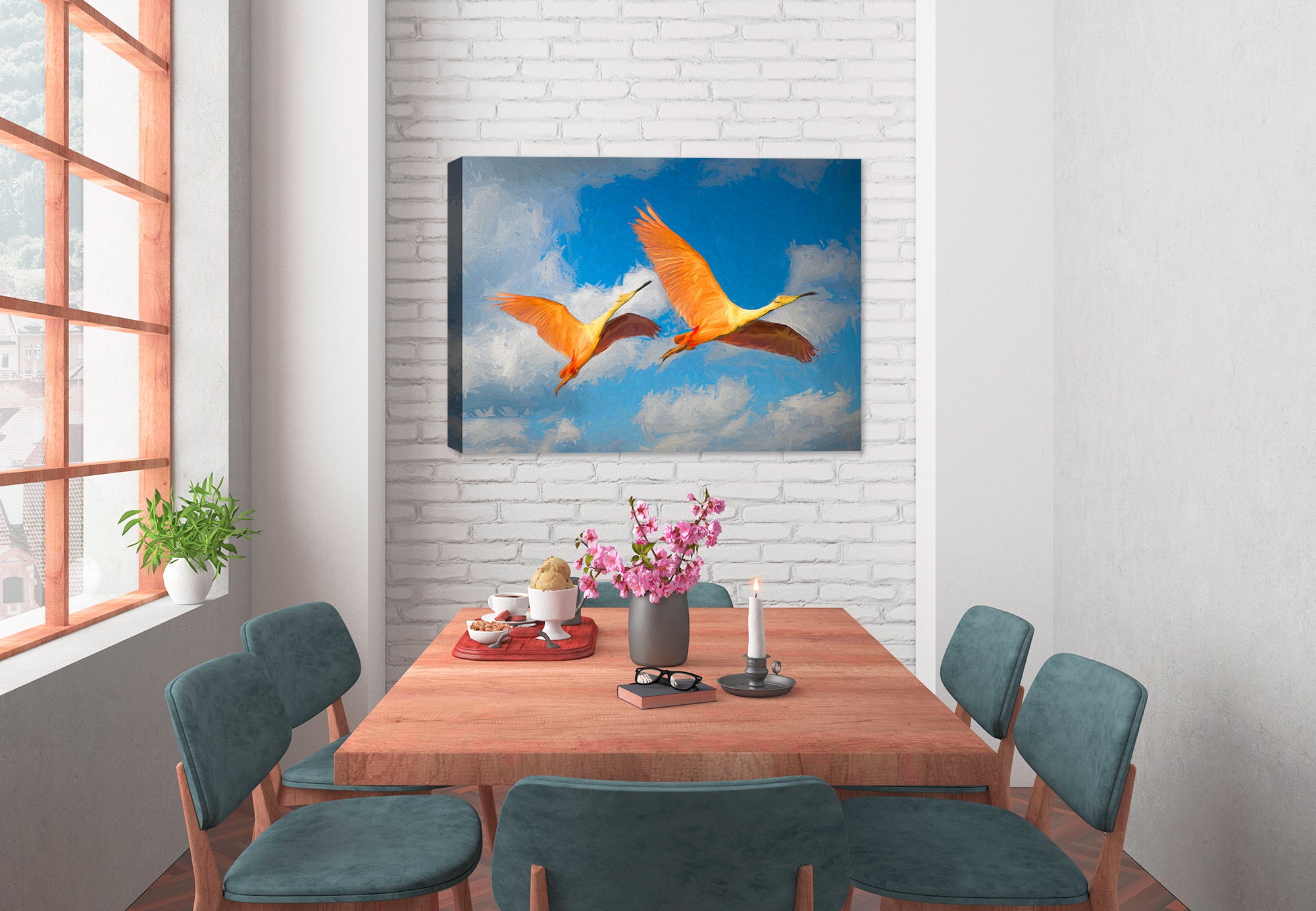 Painting of Spoonbills in Flight - Printed on Canvas - Hanging on Dining Room Wall