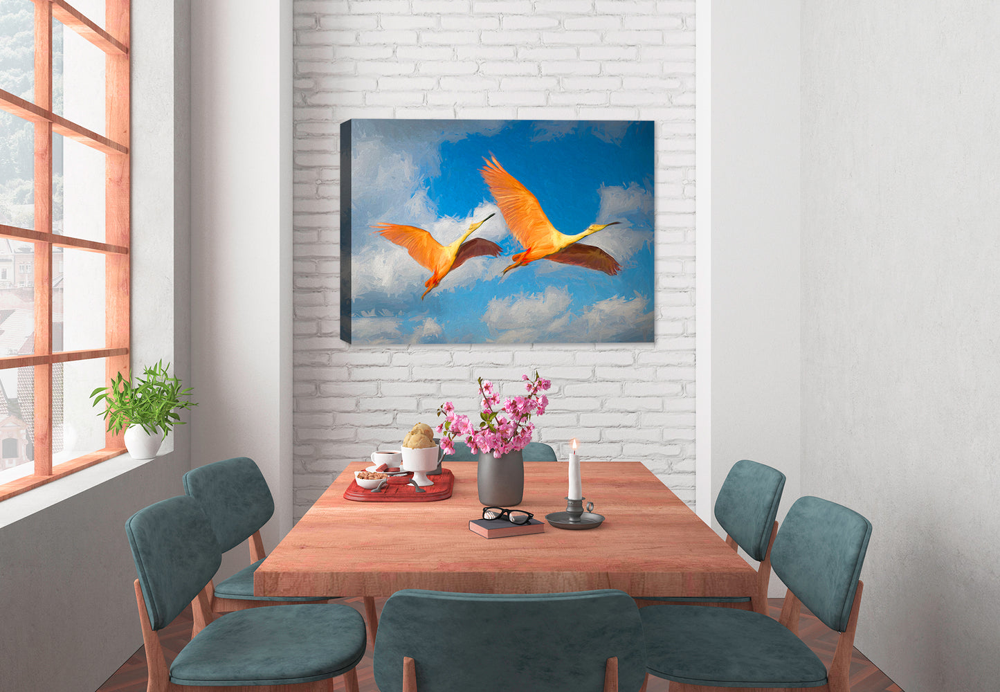 Spoonbills in Flight Painting - Canvas Art