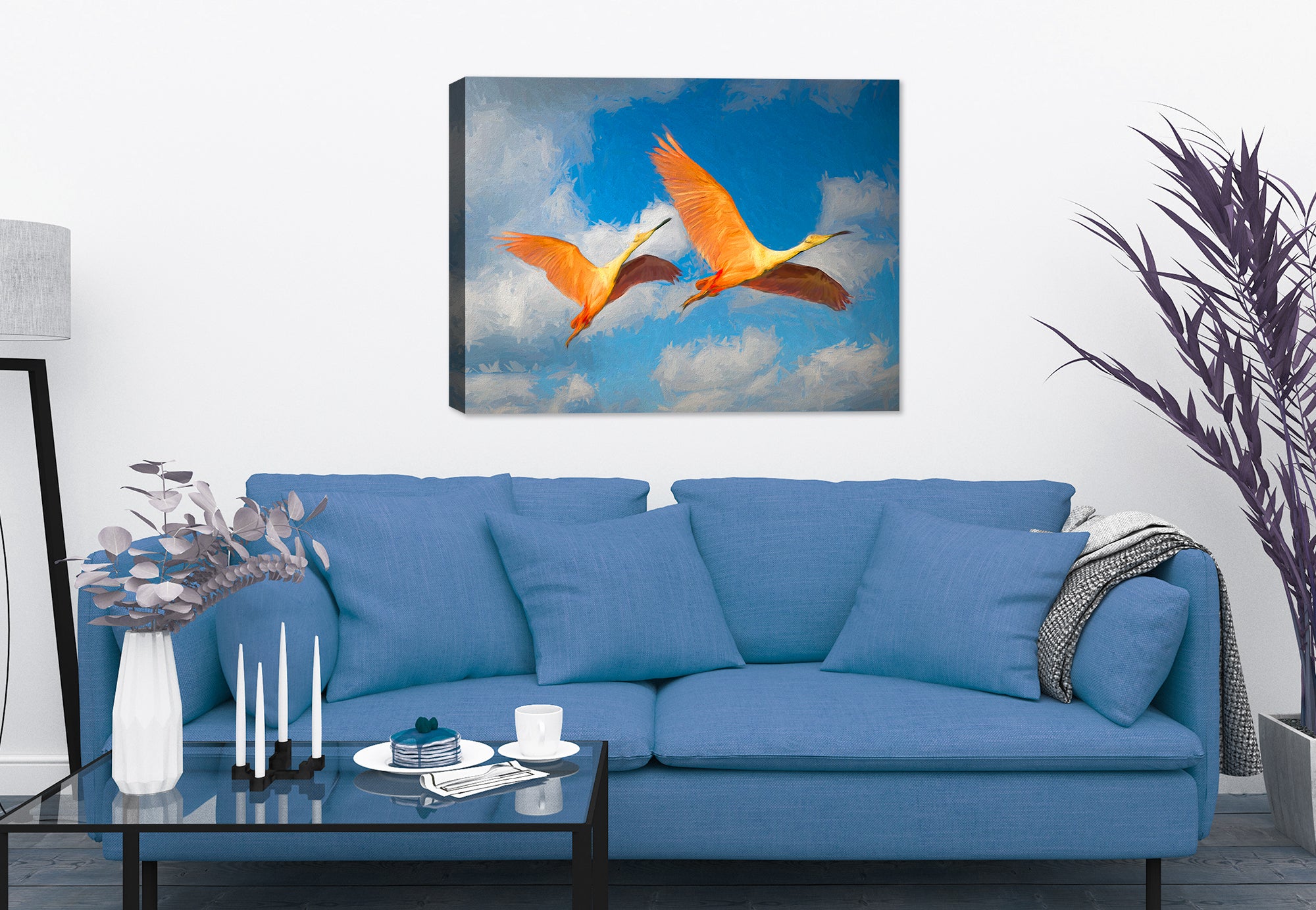 Painting of Spoonbills in Flight - Printed on Canvas - Hanging on Living Room Wall