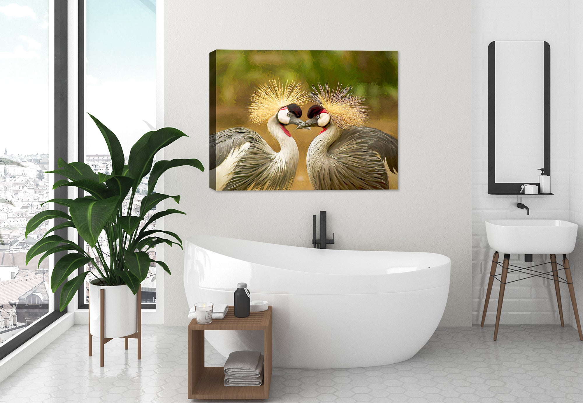 Avian Love Image on Canvas Hanging on bathroom wall.