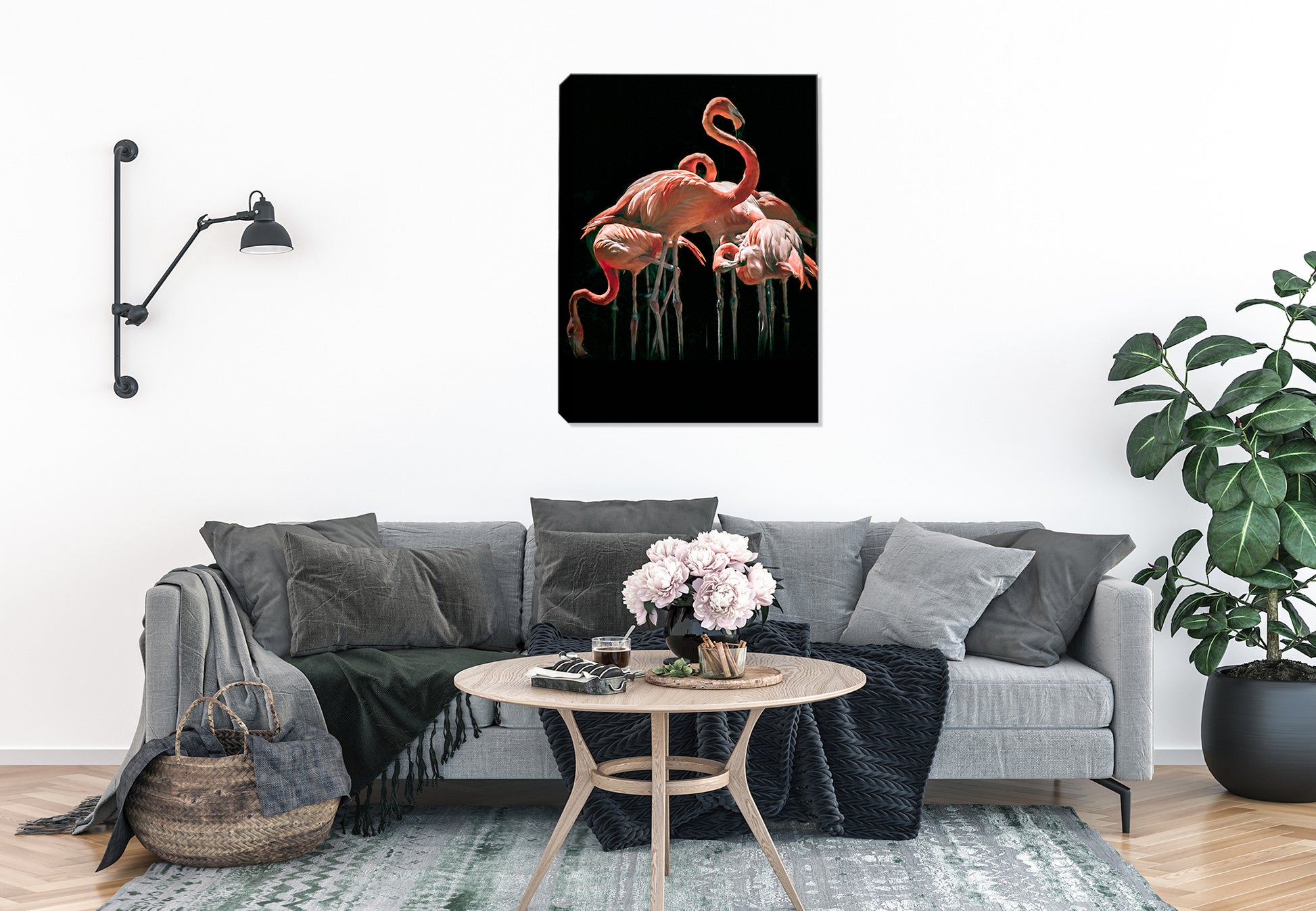 Fine Art Photography of Flamingos on Canvas - Hung on Living Room Wall